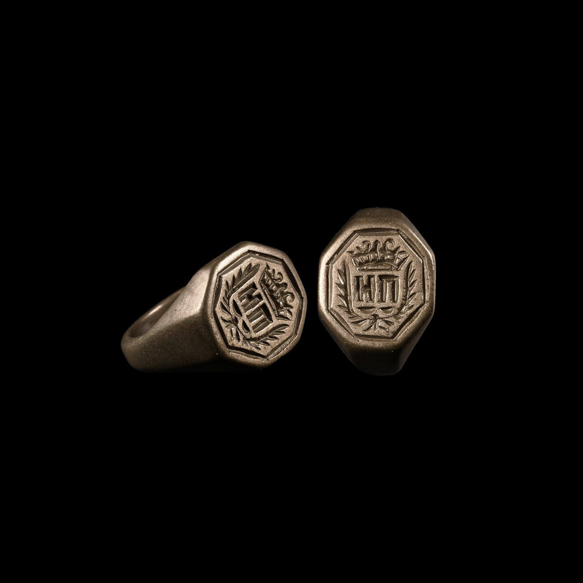 Post Medieval Bronze Signet Ring with Crowned Initials