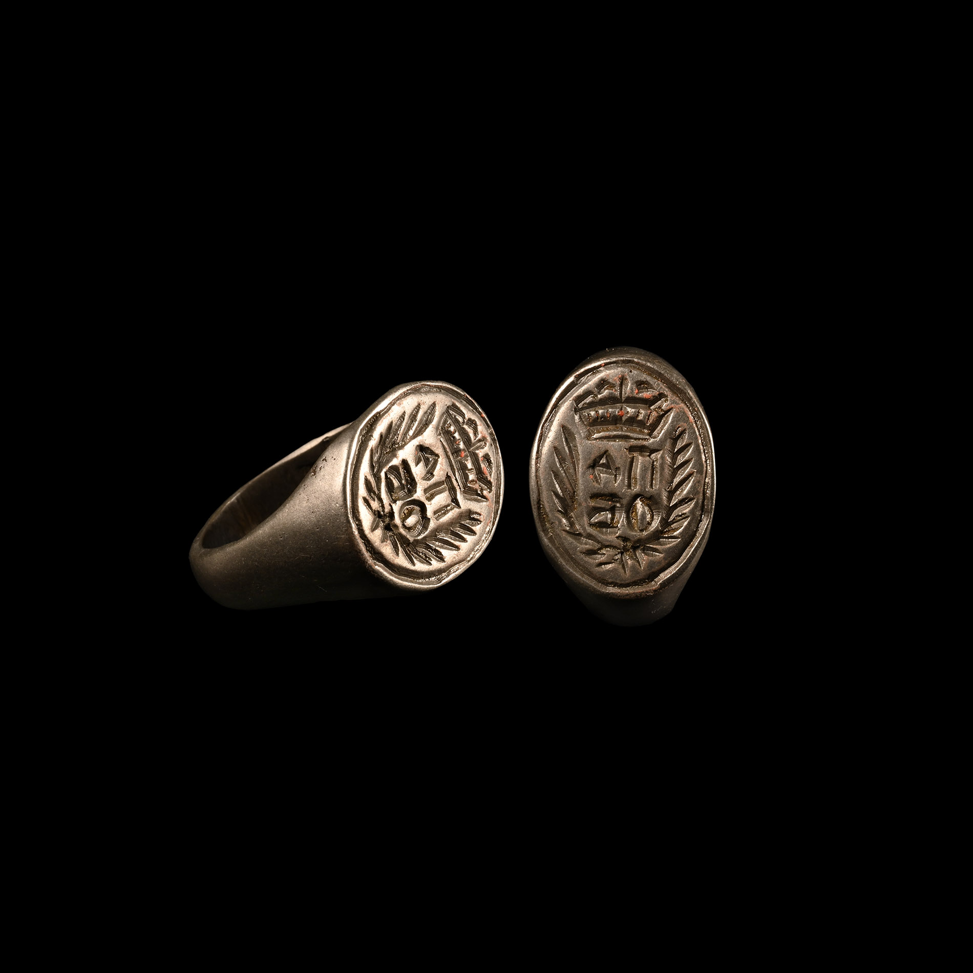 Post Medieval Bronze Signet Ring with Crowned Initials