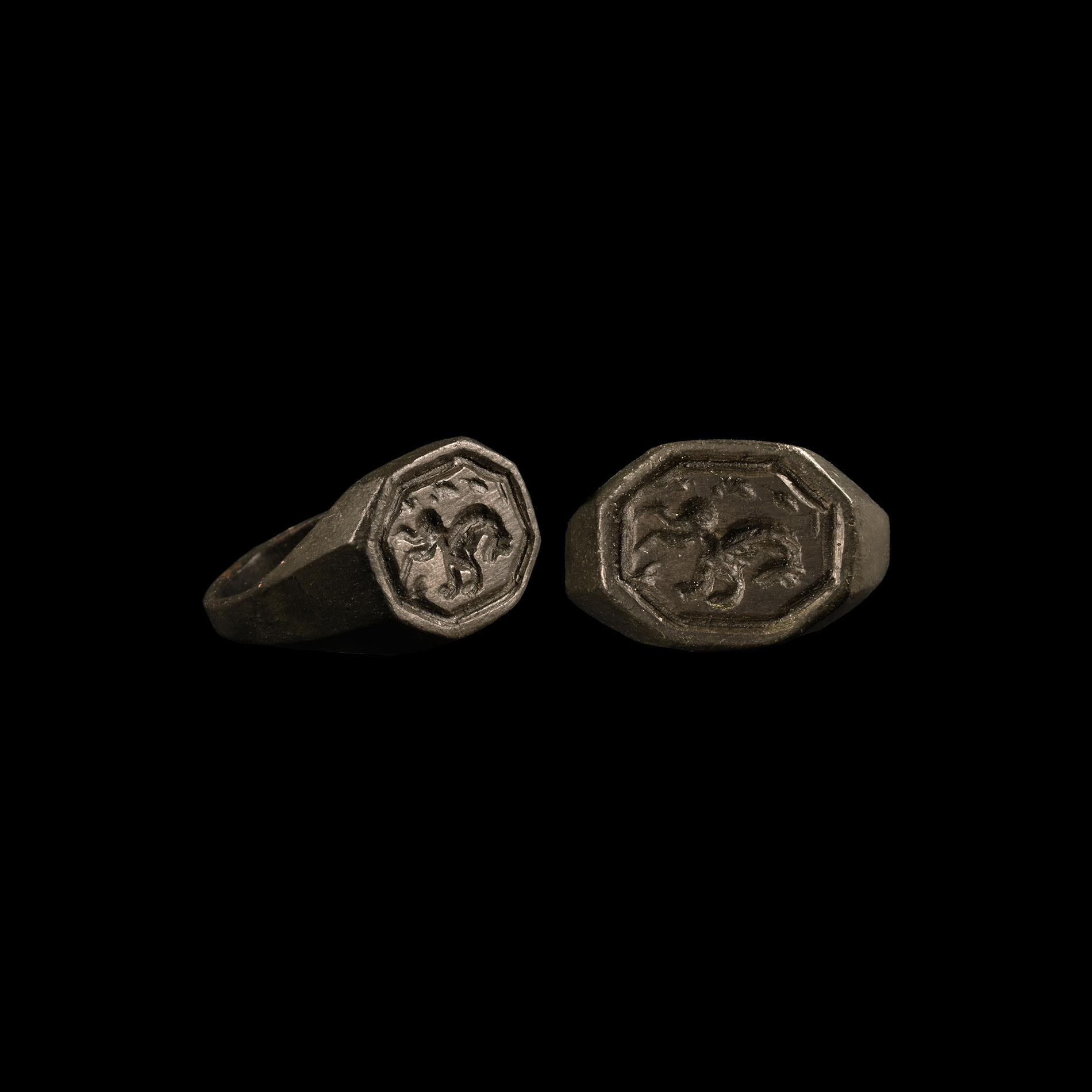 Post Medieval Bronze Signet Ring with Rearing Horse