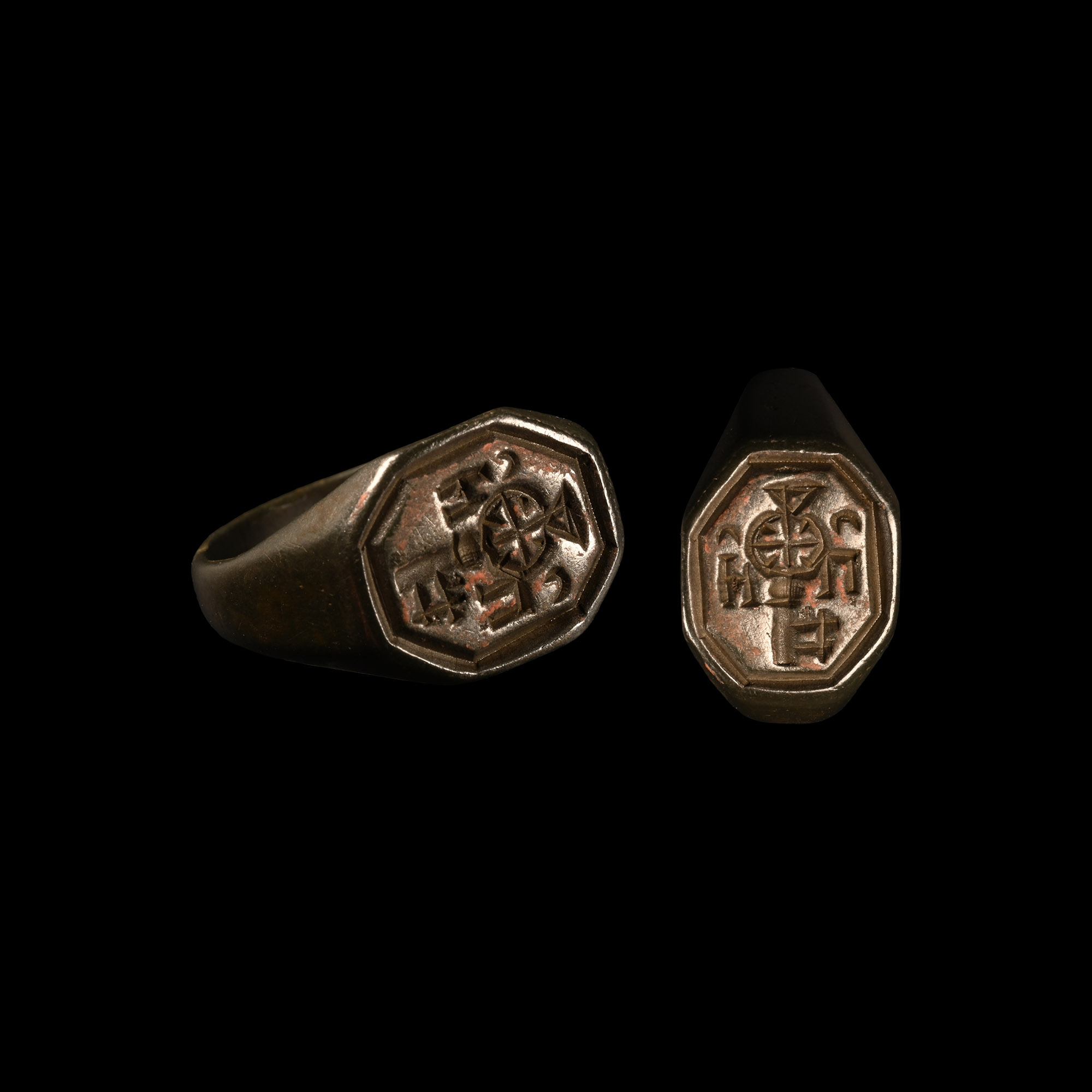 Post Medieval Inscribed Bronze Signet Ring with Key and Initials