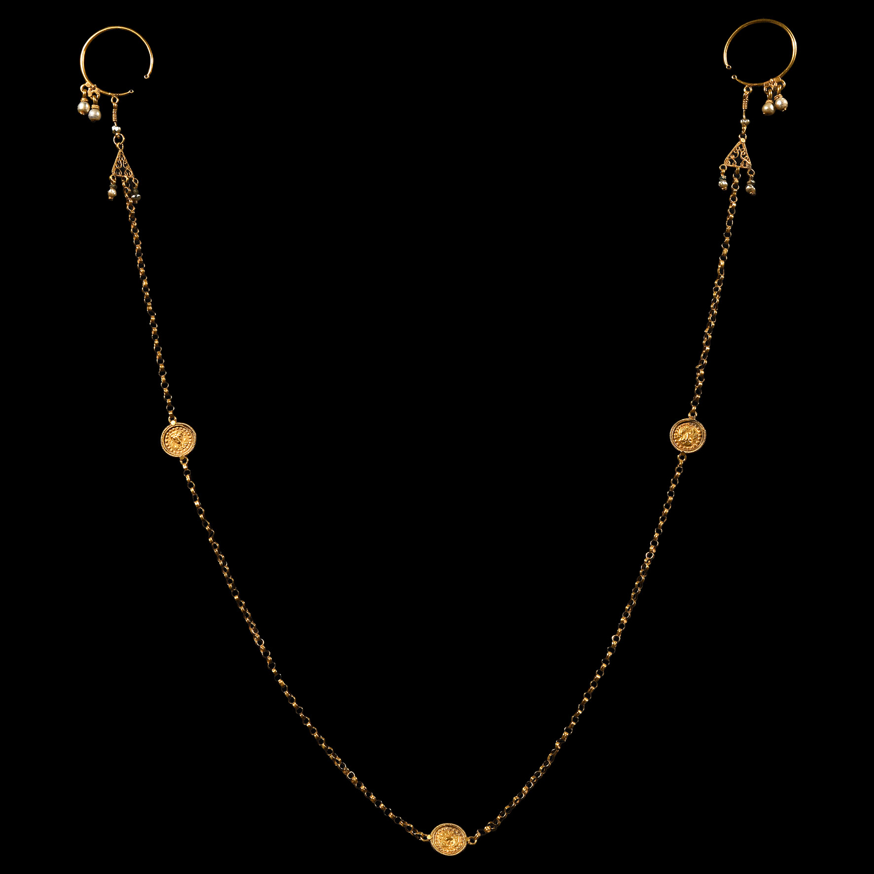 Byzantine Gold Hair Ornament with Earrings and Original Chain