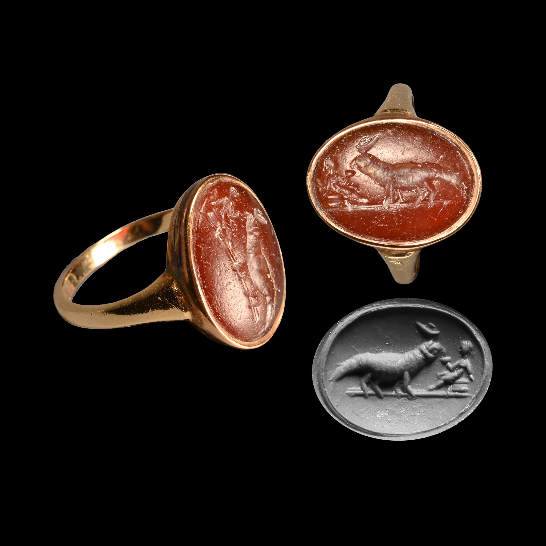 Egypto-Roman Red Carnelian Soknopaios Gemstone in Gold Ring