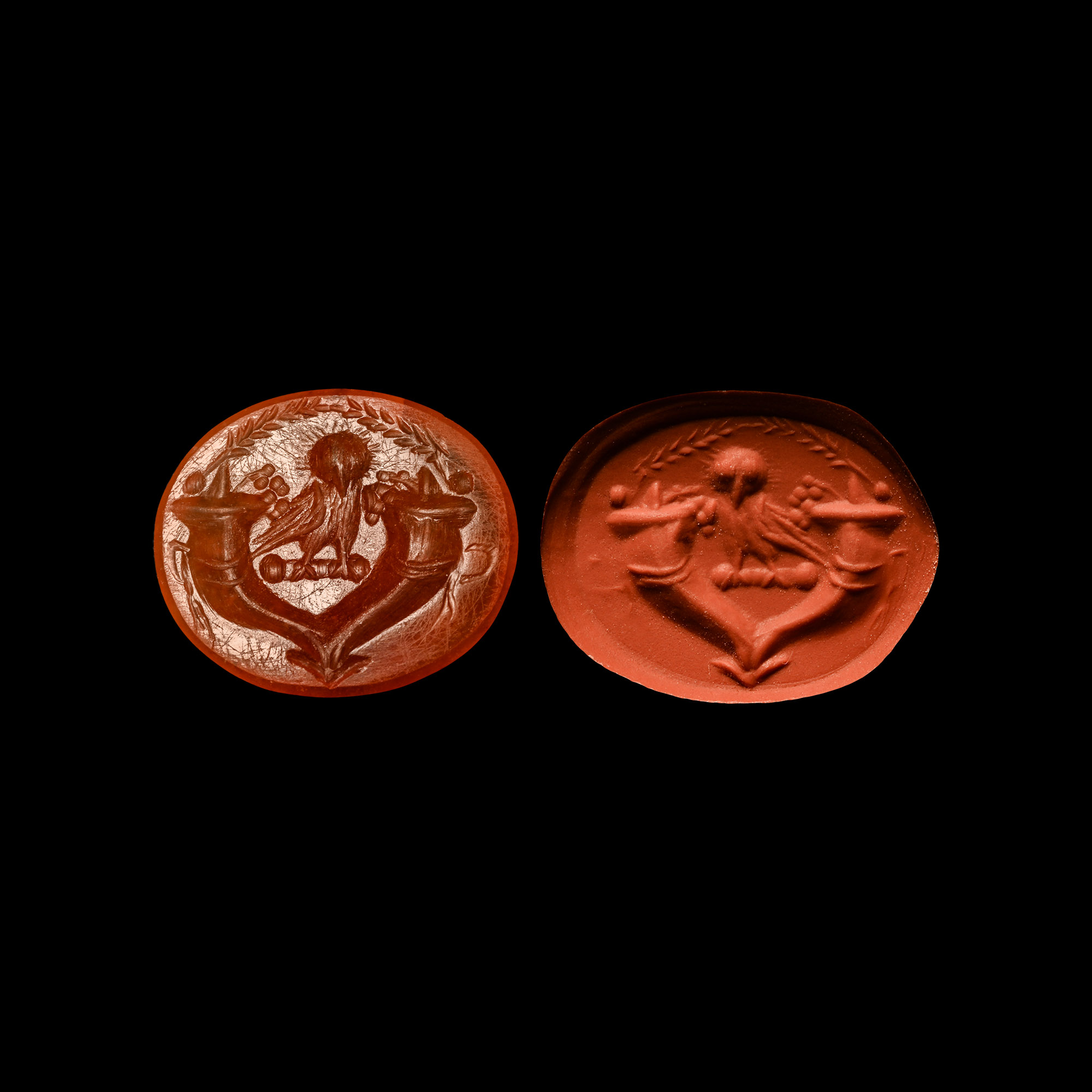 Roman Carnelian Gemstone with Owl Between Cornucopiae