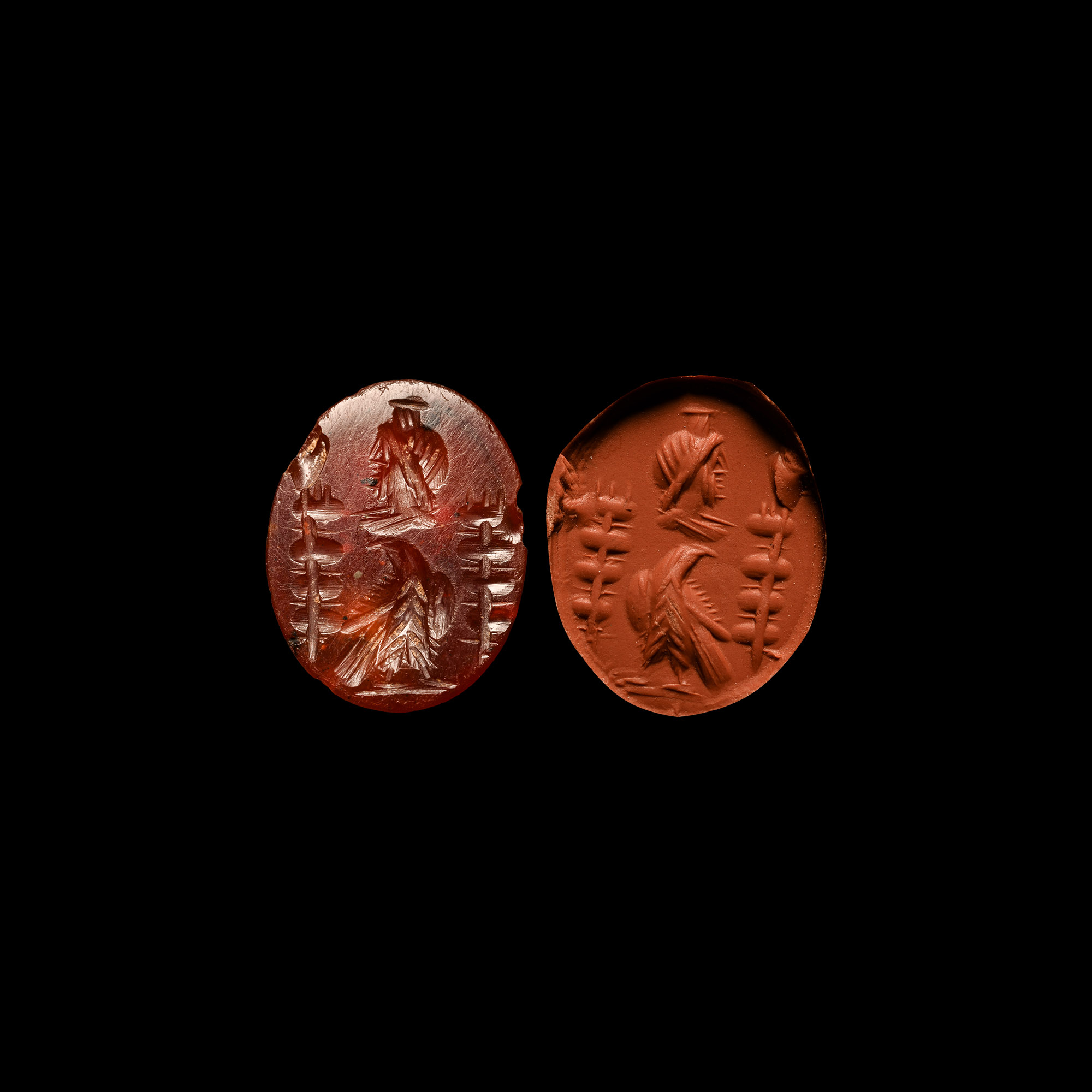 Roman Carnelian Gemstone with Serapis and Eagle Between Two Military Standards