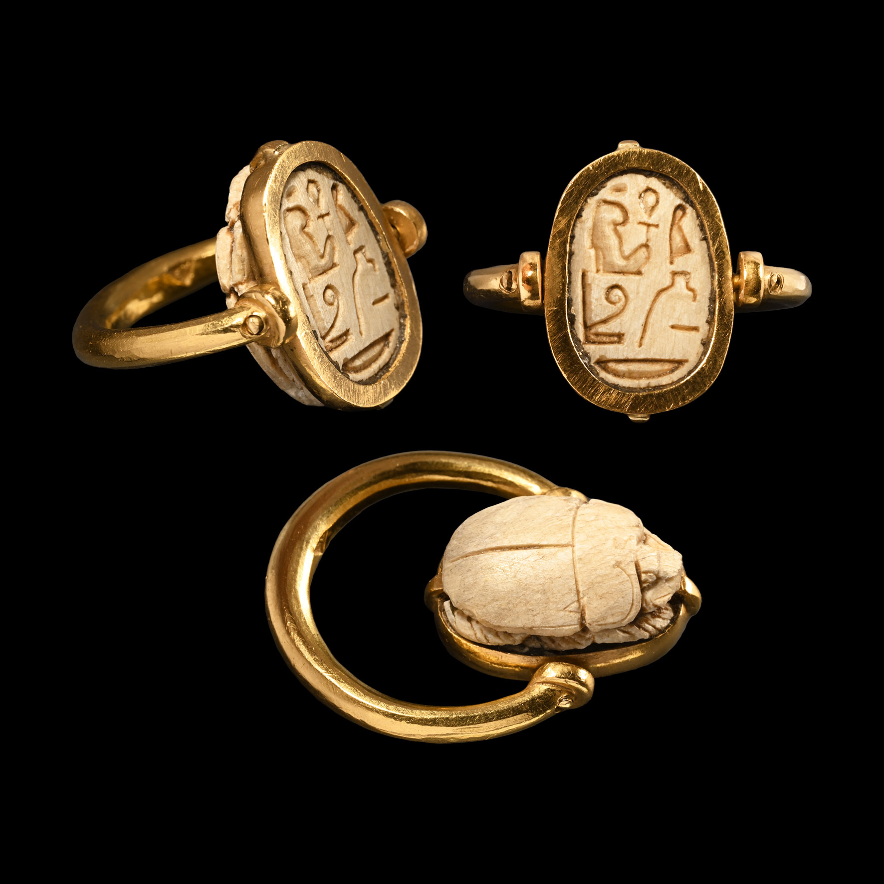 Egyptian Steatite Scarab in Gold Swivel Ring