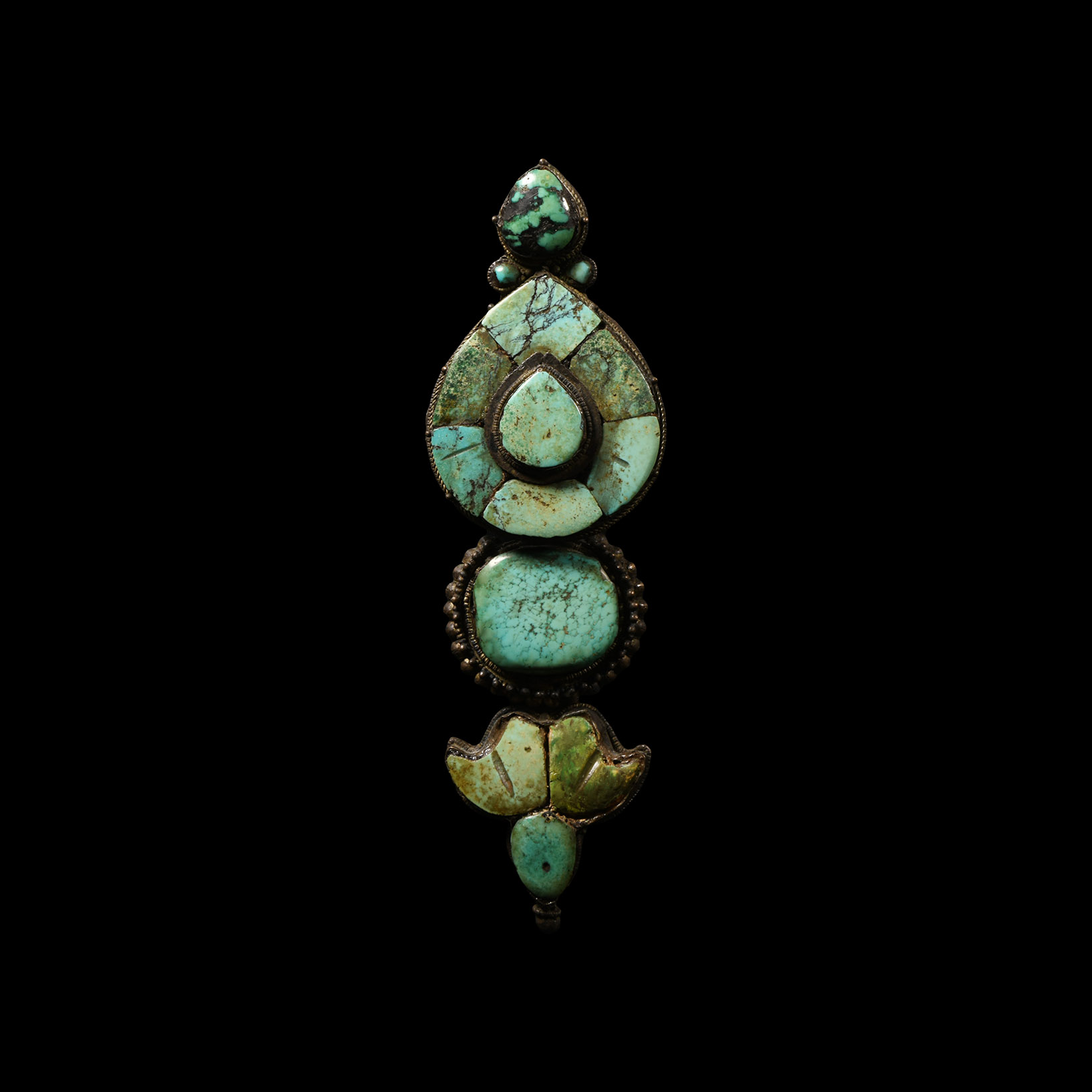 Tibetan Large Silver Brooch with Turquoise Inlays