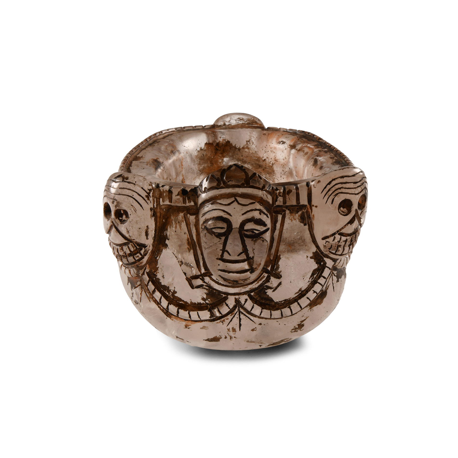 Large Tibetan Rock Crystal Kapala Vessel with Citipati Faces