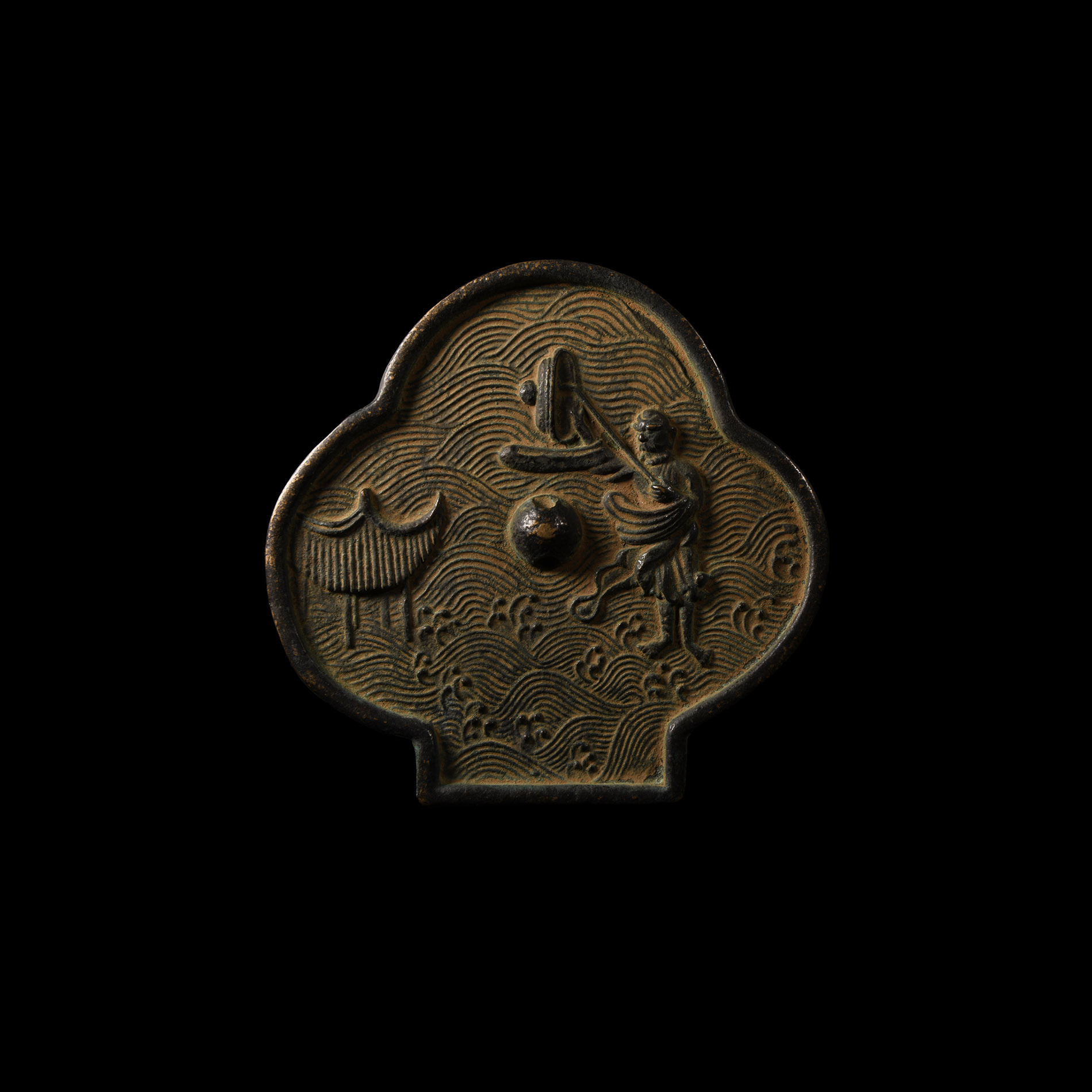 Chinese Bronze Figural Trefoil Mirror