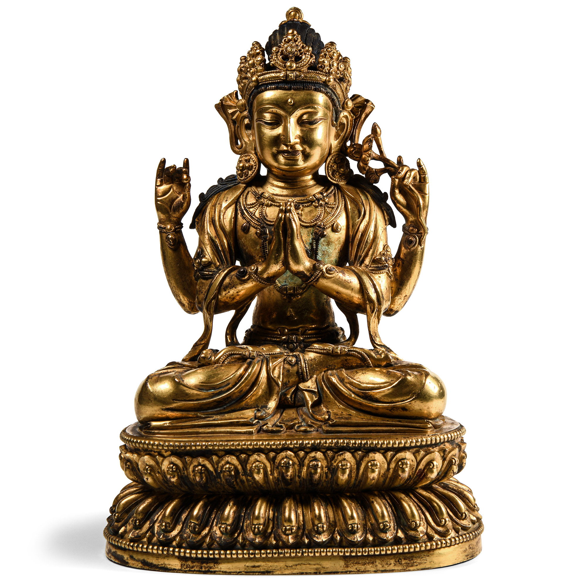 Sino-Tibetan Gilt Bronze Seated Figure of Four-Armed Guanyin