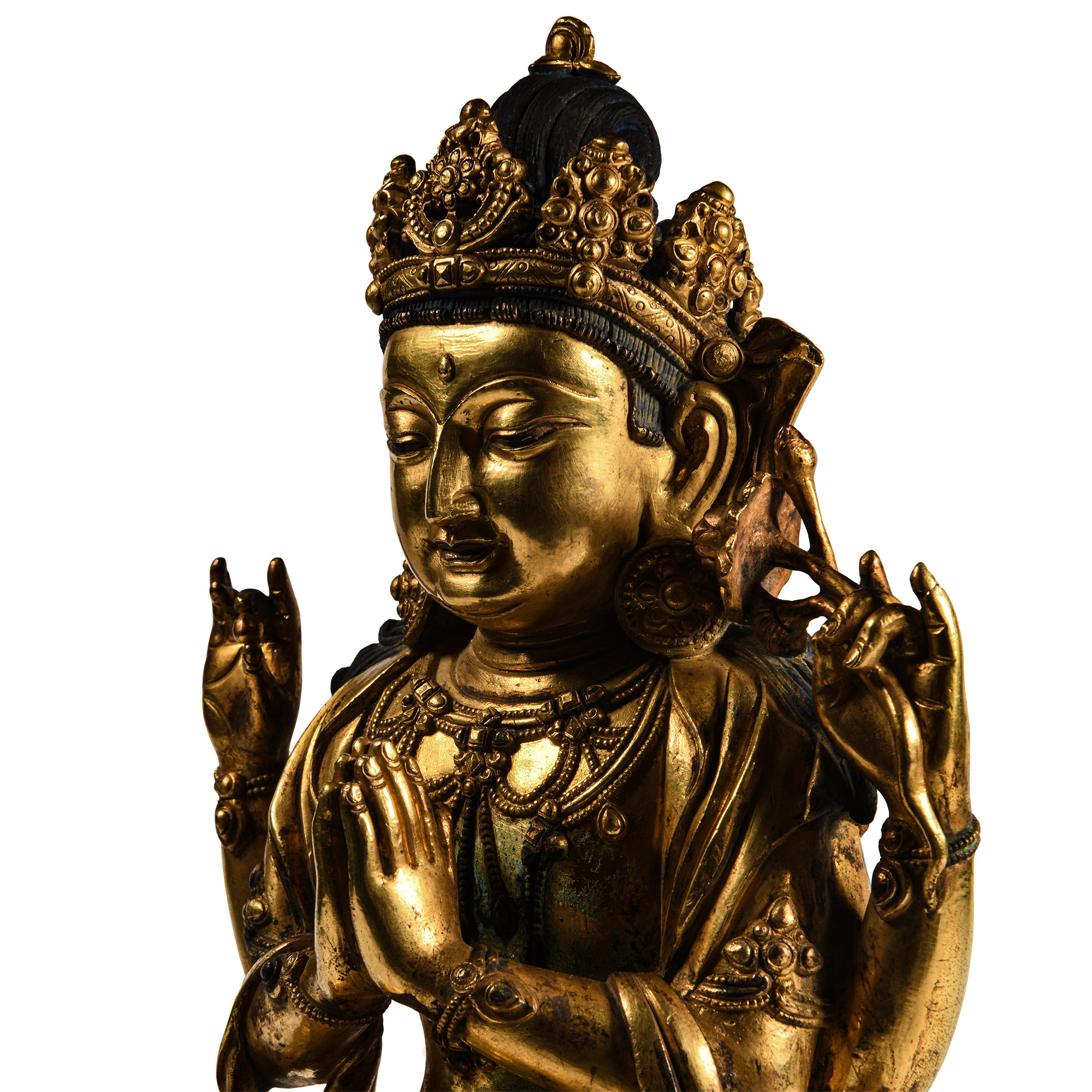 Sino-Tibetan Gilt Bronze Seated Figure of Four-Armed Guanyin
