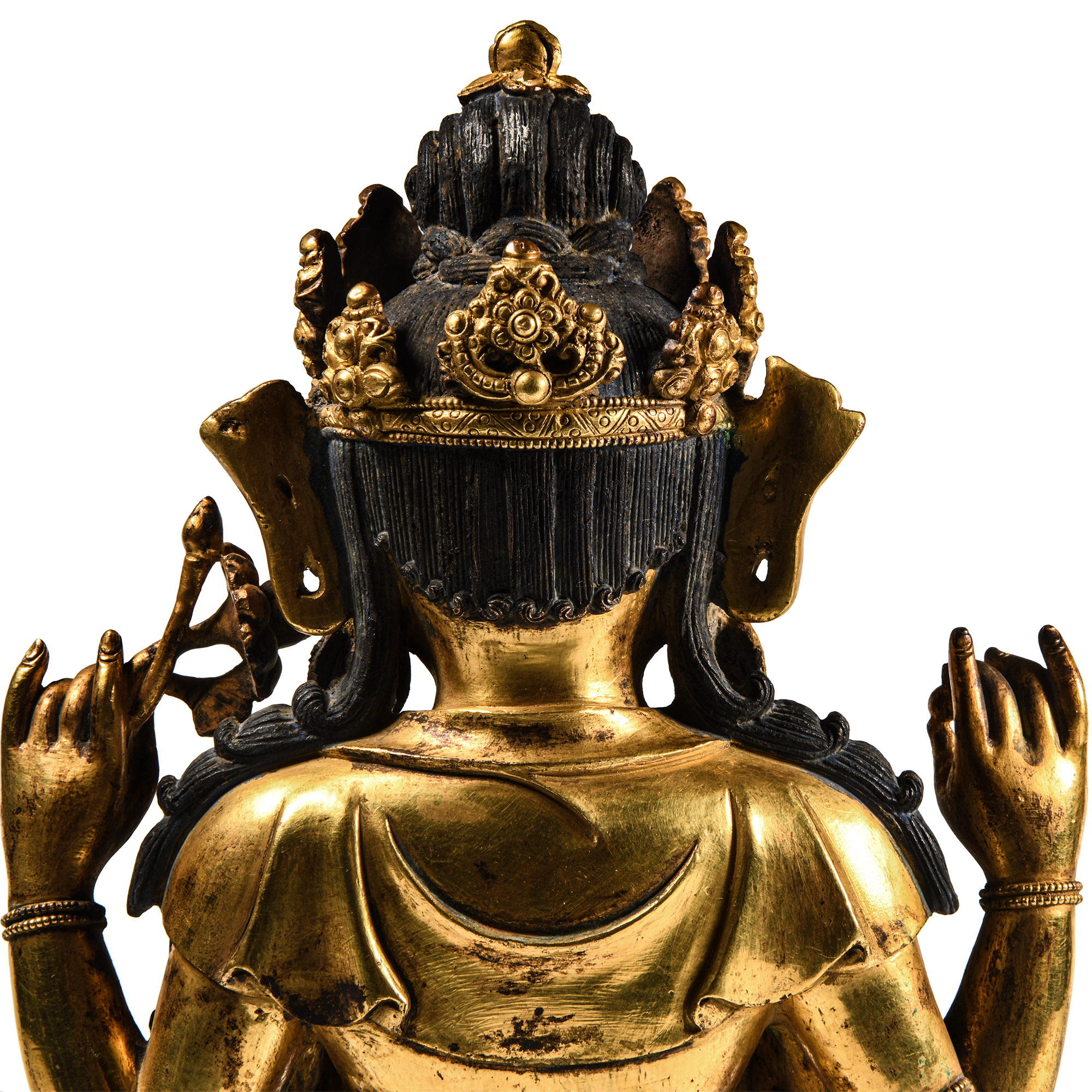 Sino-Tibetan Gilt Bronze Seated Figure of Four-Armed Guanyin