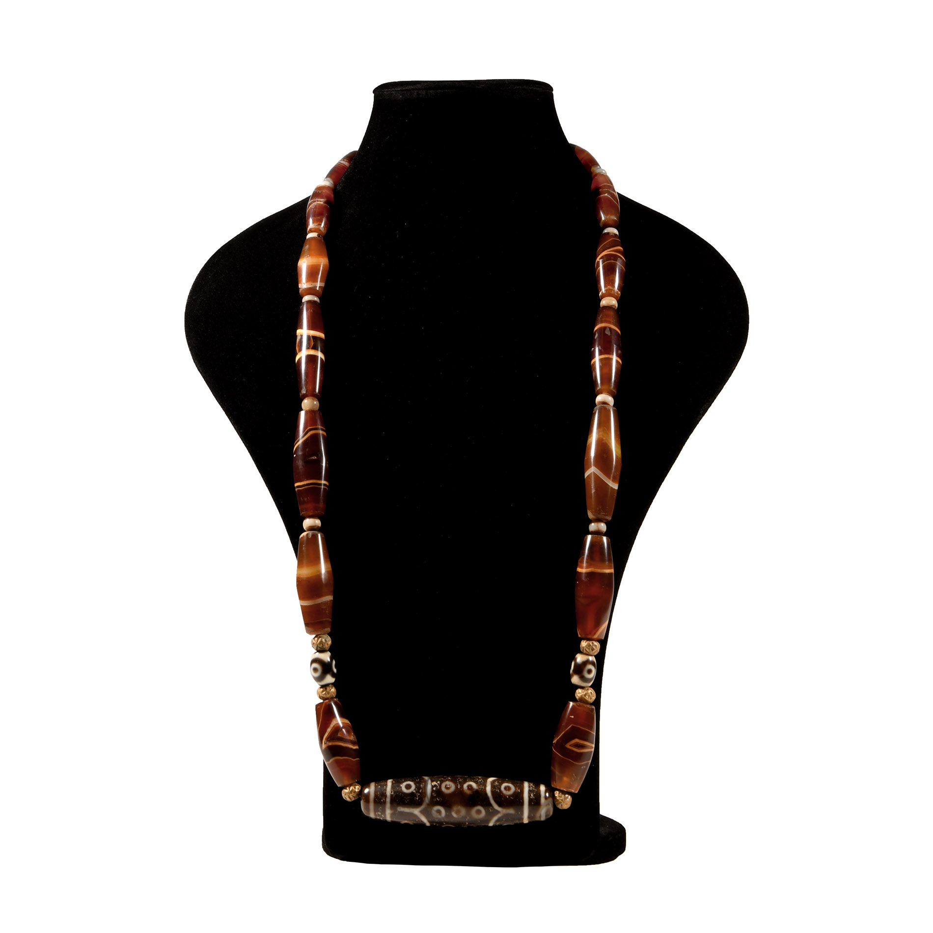 Tibetan Banded Agate Bead Necklace with Glass Eye Beads