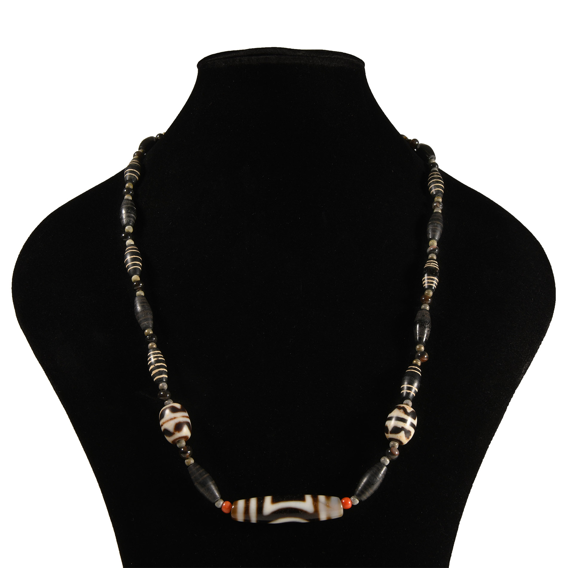 Tibetan Banded Agate and Glass Bead Necklace
