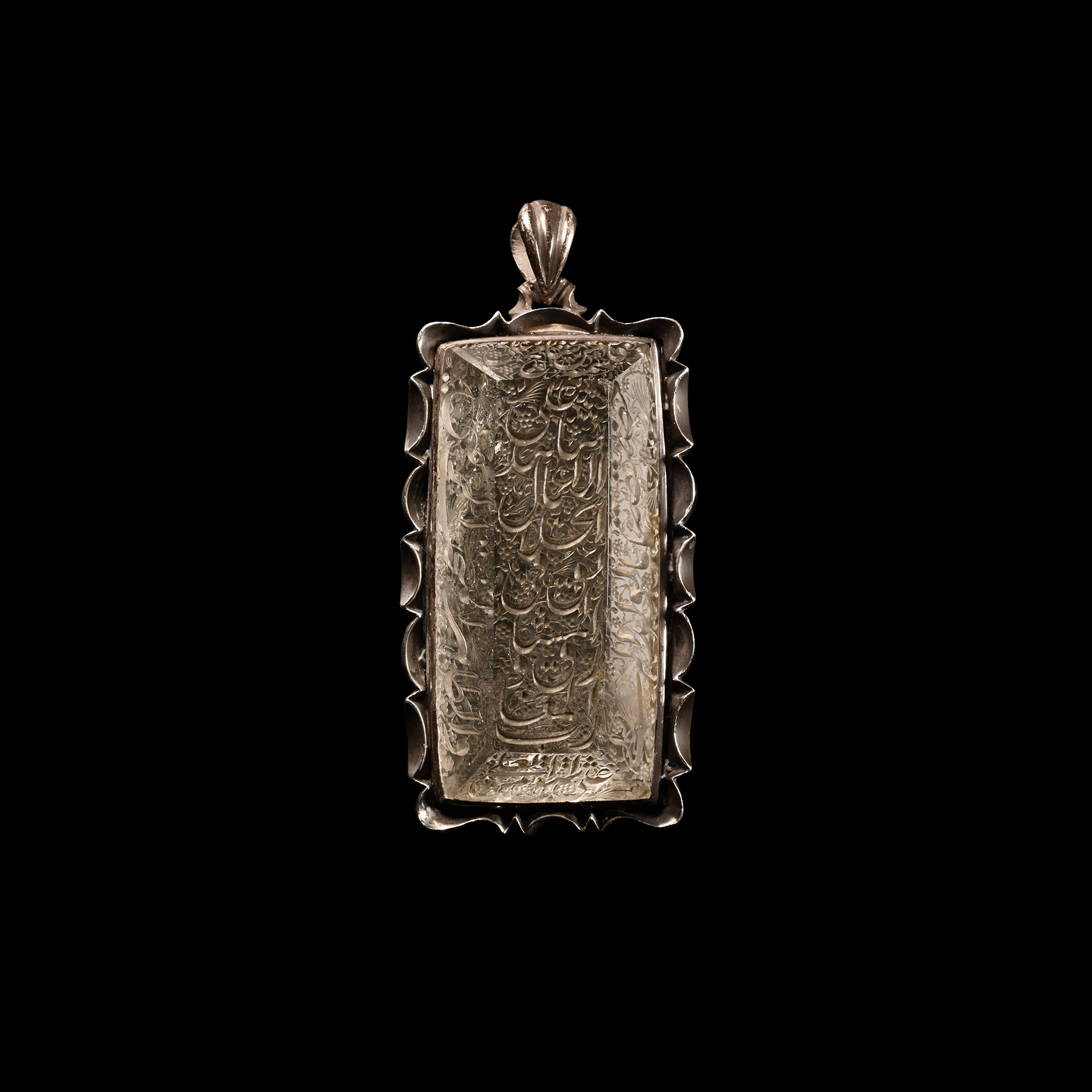 Calligraphic Rock Crystal Gem in Silver-Coloured Metal Pendant