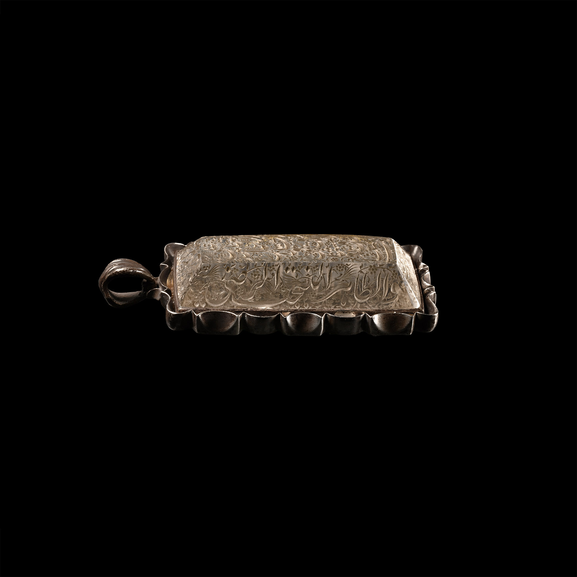 Calligraphic Rock Crystal Gem in Silver-Coloured Metal Pendant