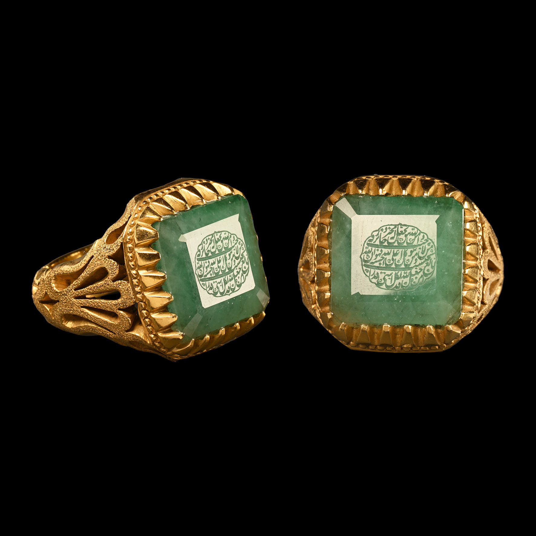 Large Talismanic Emerald Gem in Gilt Ring