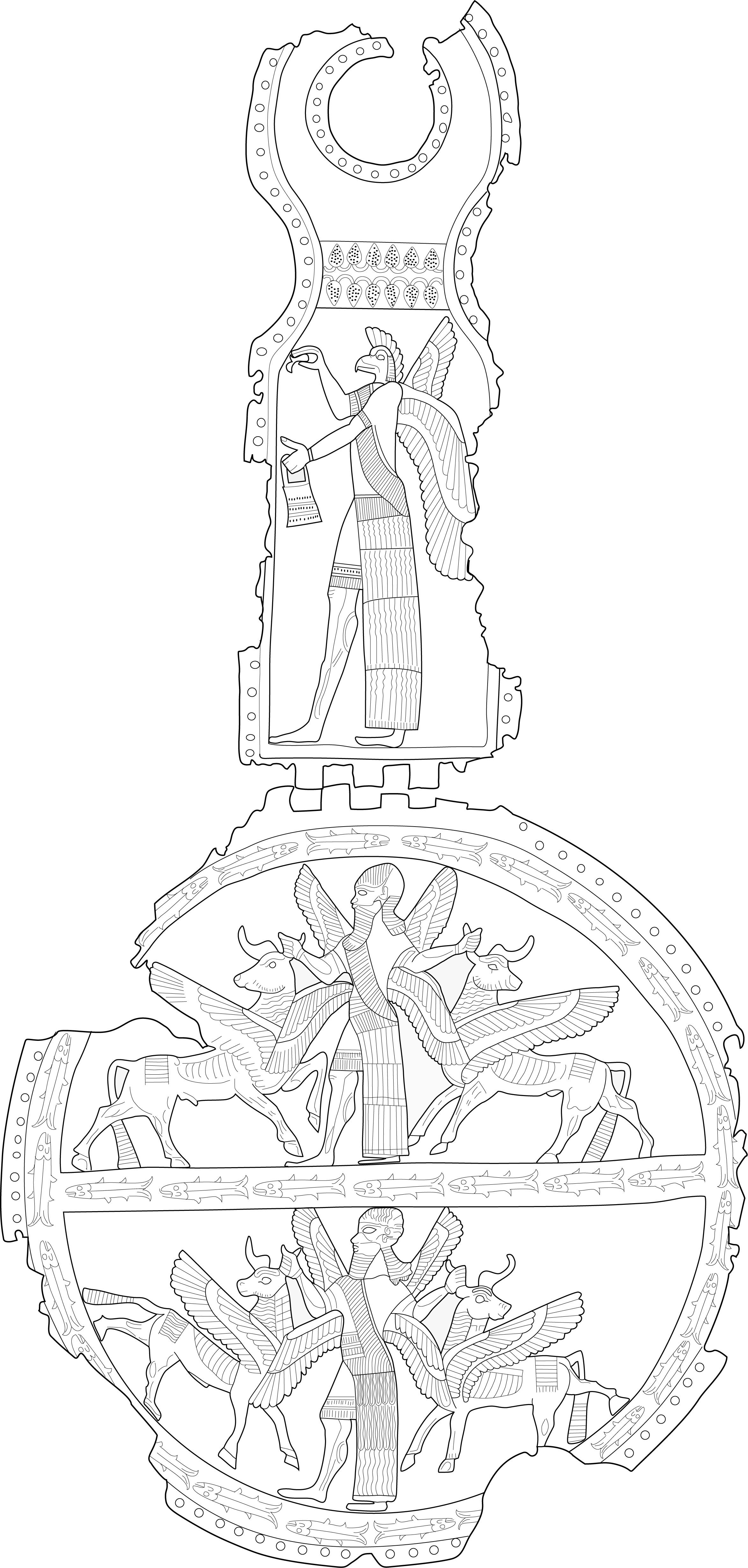 Neo-Assyrian Bronze Horse Trapping with Eagle-Headed God Nisroch and Winged Supernatural Figures