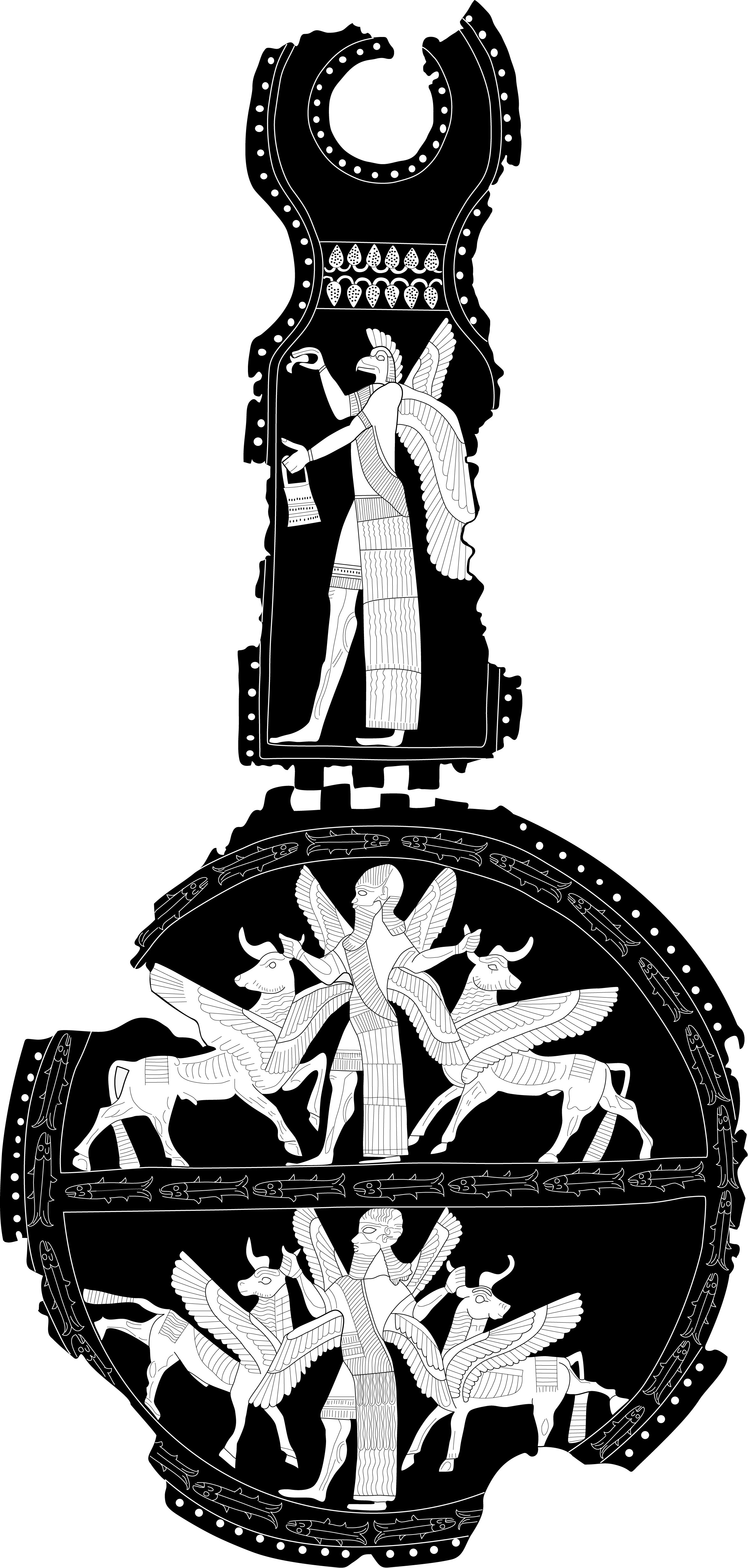 Neo-Assyrian Bronze Horse Trapping with Eagle-Headed God Nisroch and Winged Supernatural Figures