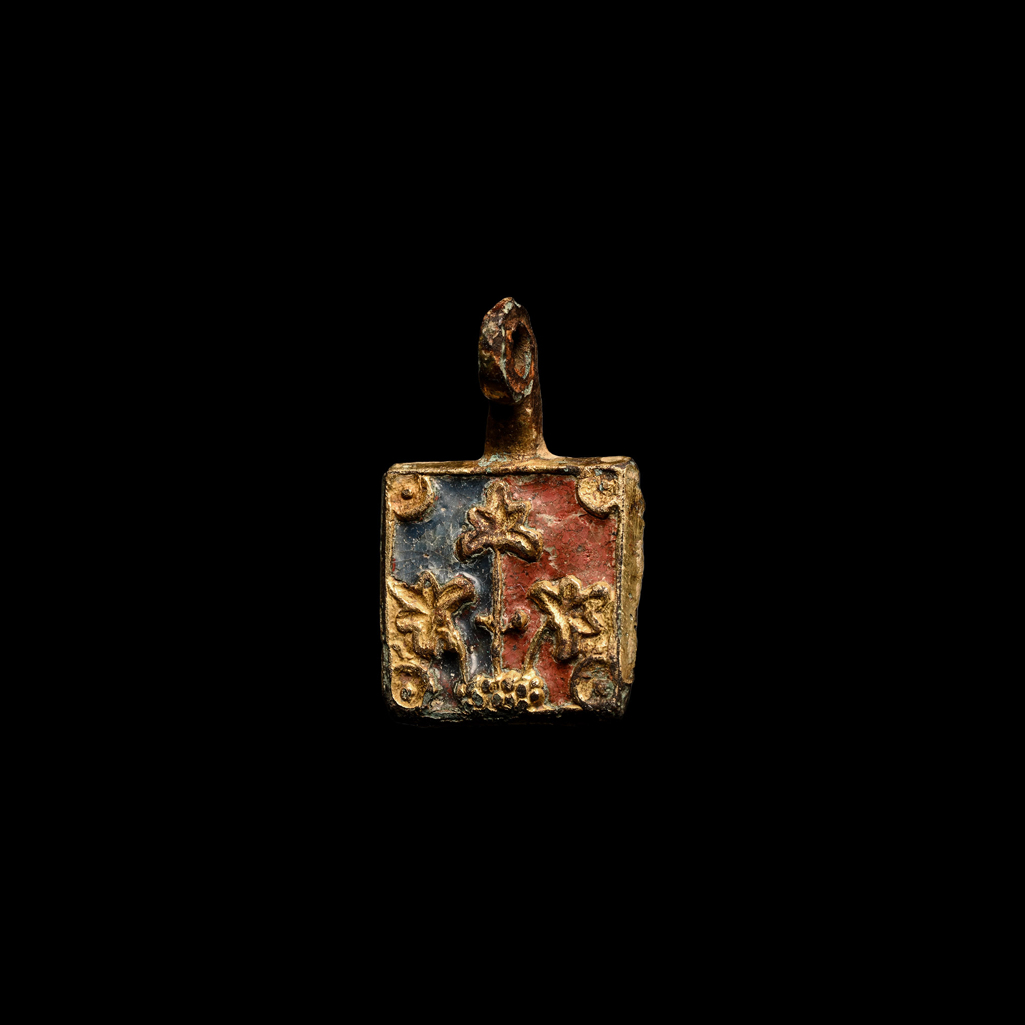 Medieval Knight's Gilt Bronze and Enamelled Horse Harness Pendant with Flowers