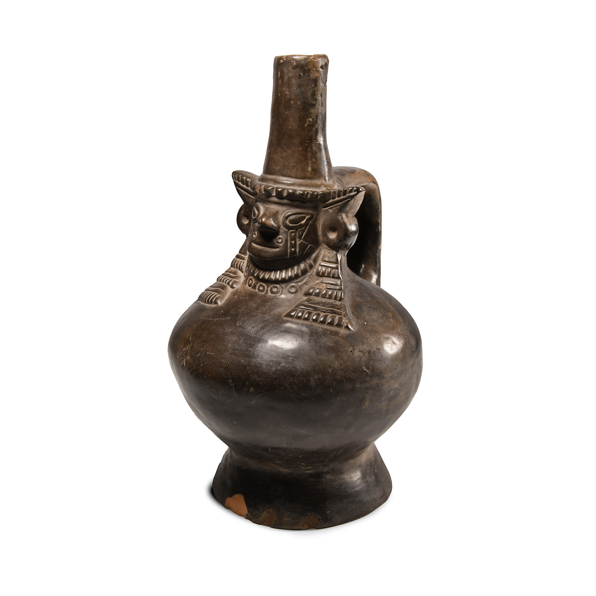 Pre-Columbian Lambayeque Blackware CeramicMasked Lord Vessel