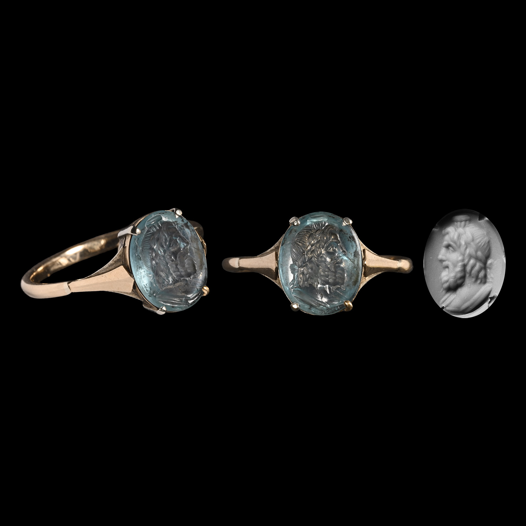 Roman Aquamarine Gem with Head of Serapis in Gold Ring