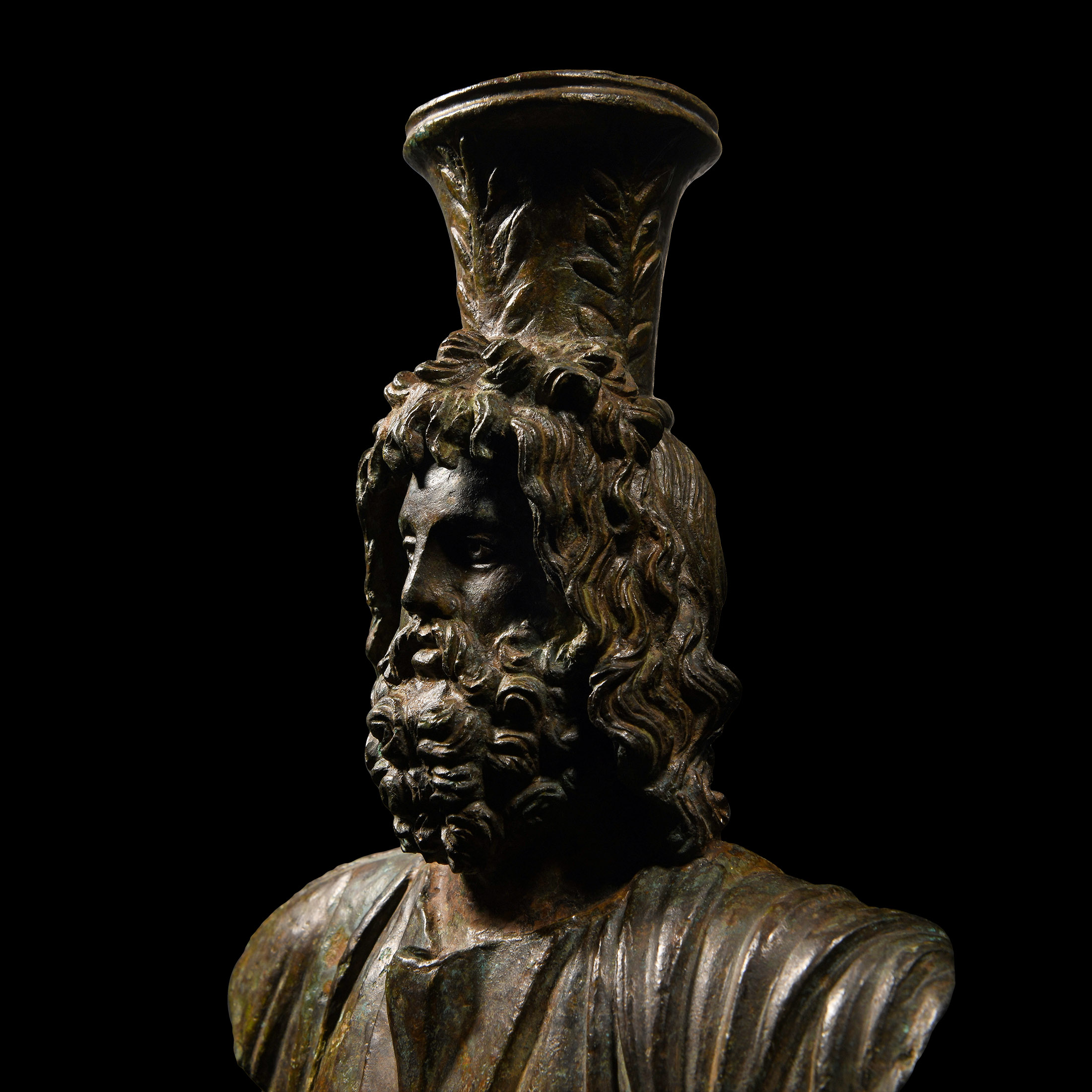 Large Roman Bronze Staff Finial with Bust of Serapis
