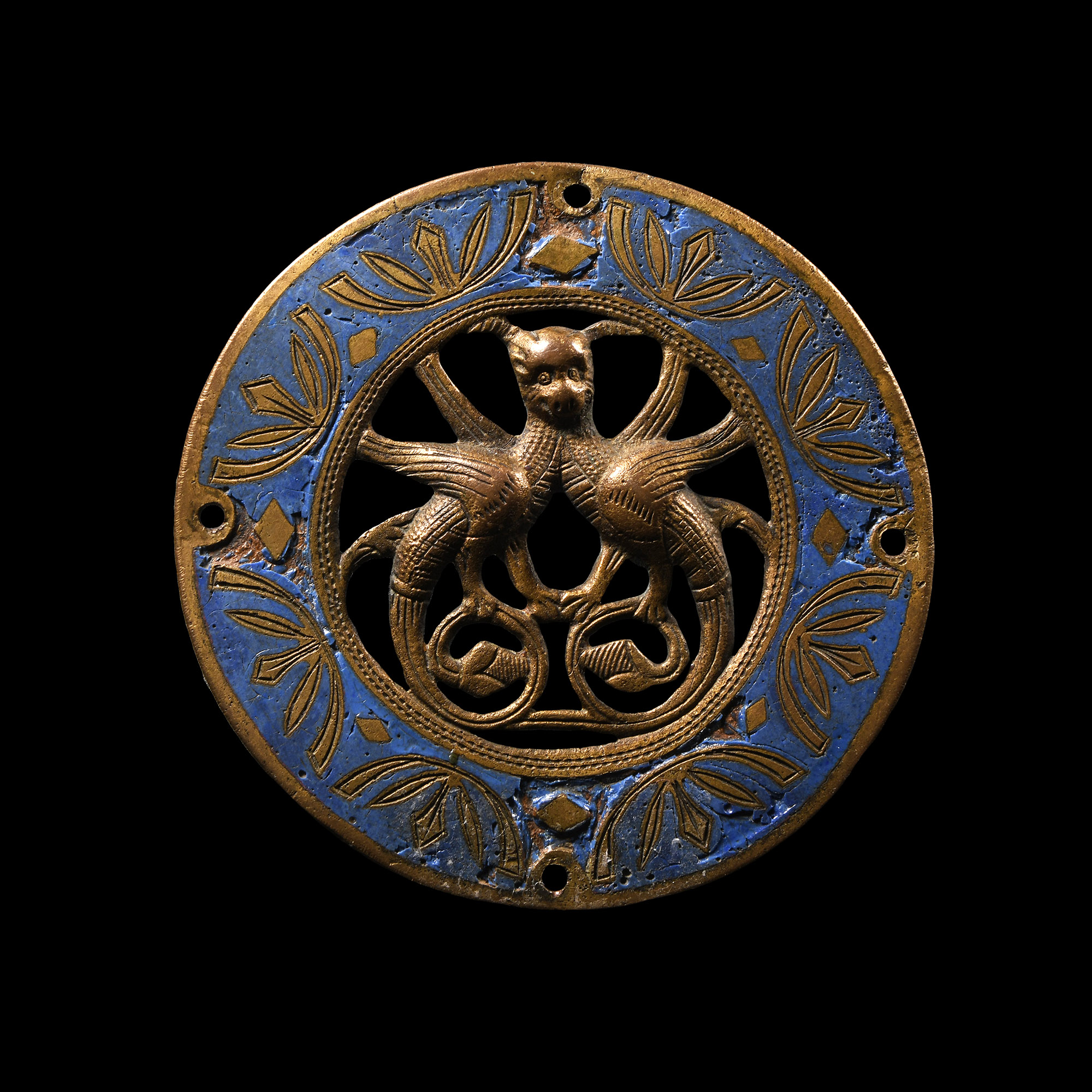 Medieval Limoges Bronze and Champleve Enamel Roundel with Fantastical Creature