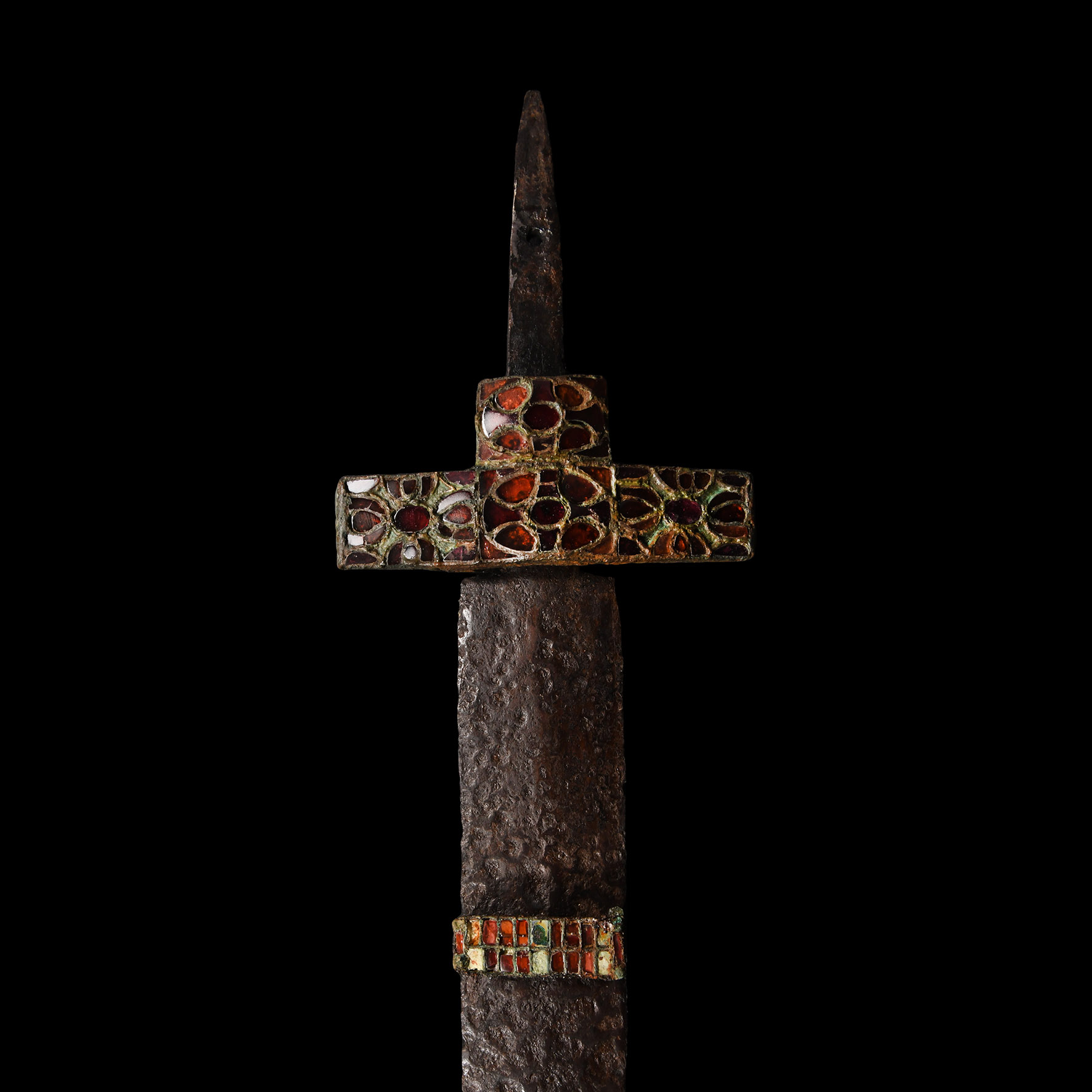 Migration Period Iron Sword with Garnet Cross Guard and Scabbard Fittings