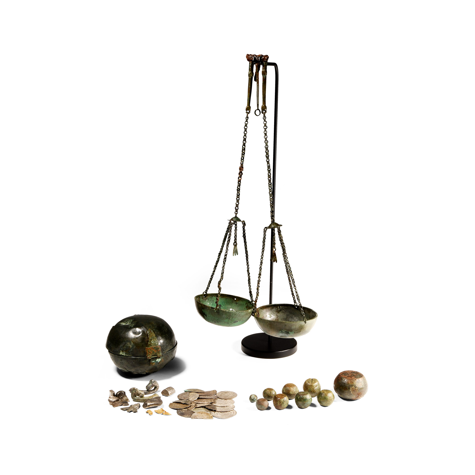 Viking Cased Bronze Trade Scales with Weights and Hack