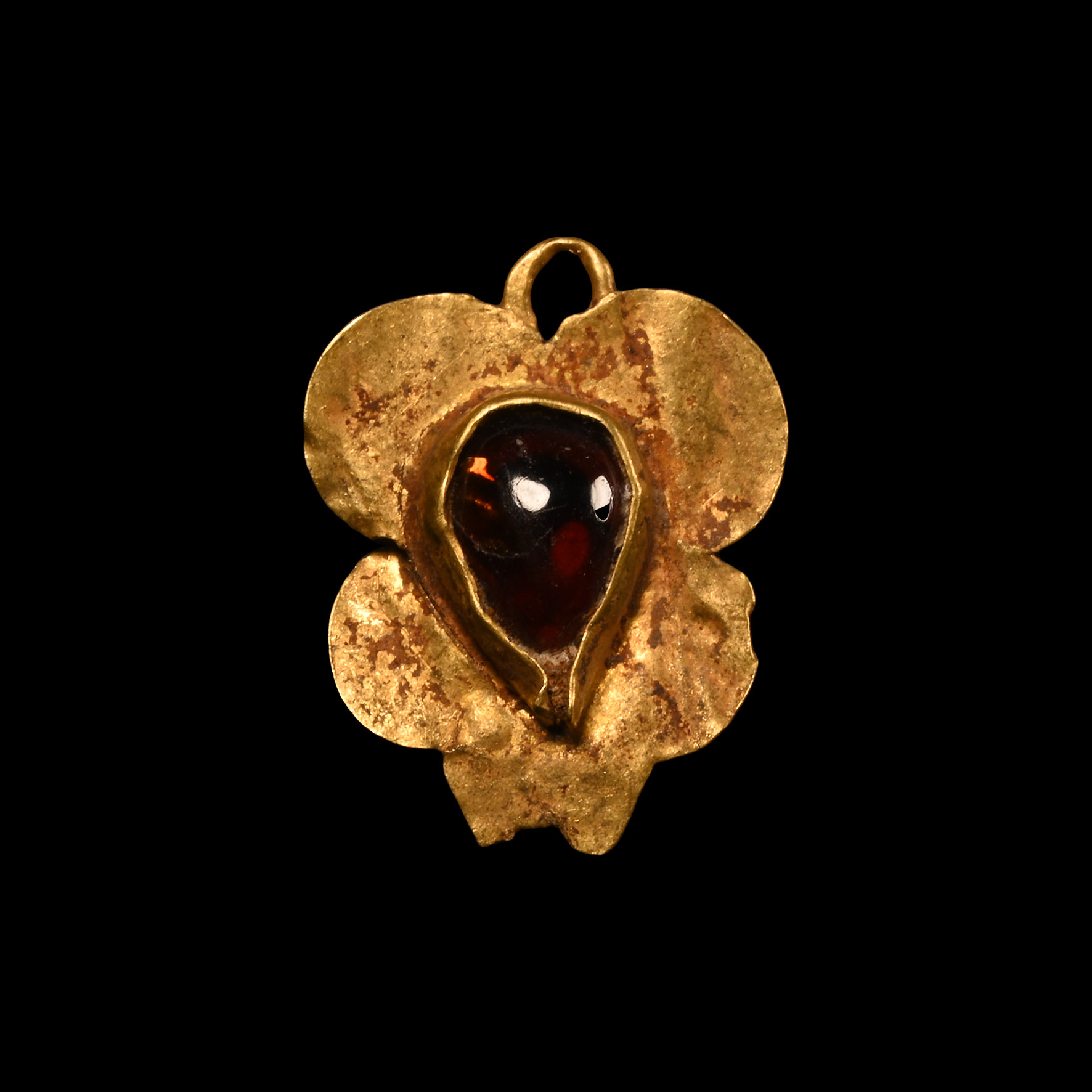Medieval Gold Leaf-Shaped Pendant with Garnet