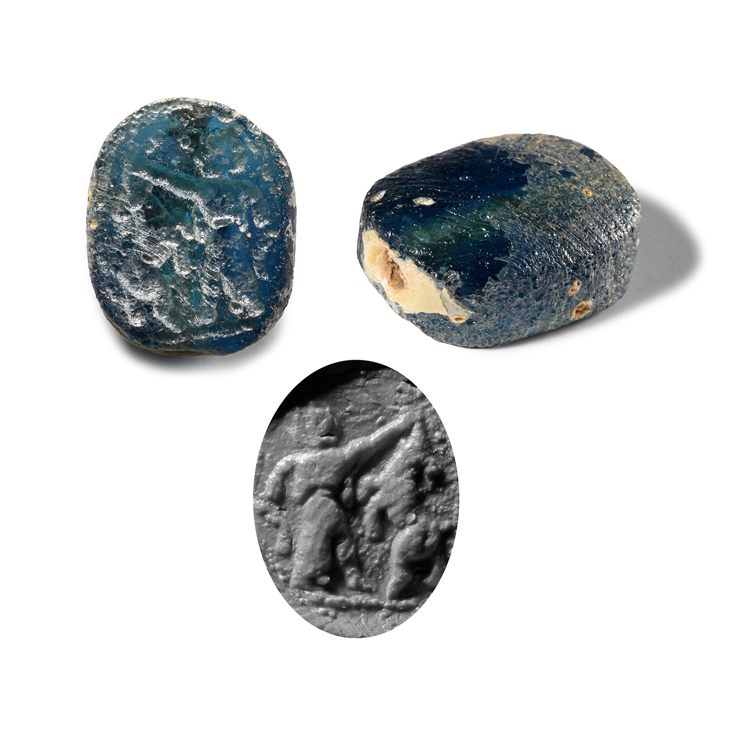 Babylonian Glass Stamp Seal with Man and Lion