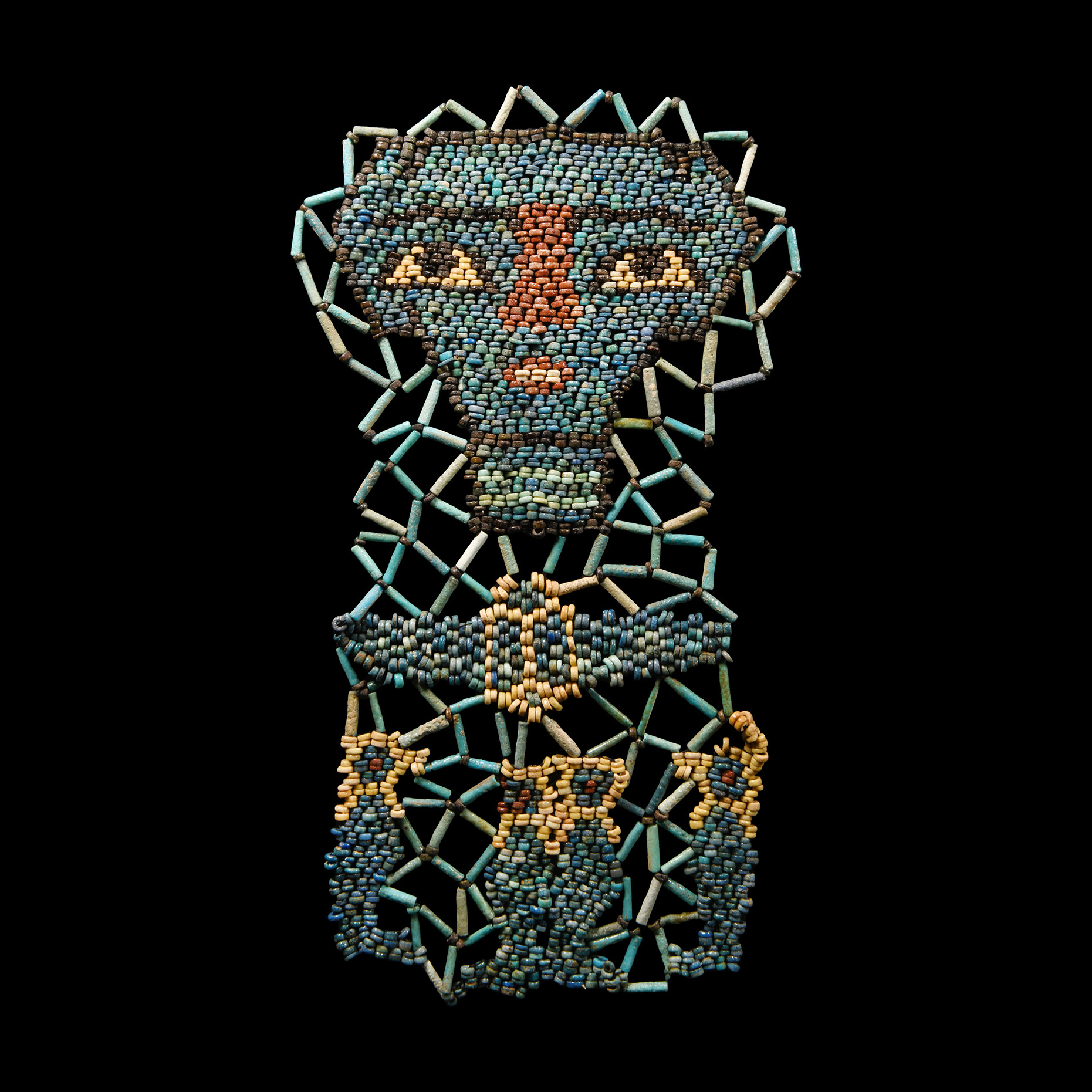 Egyptian Bright Blue Beaded Mummy Mask with Sons of Horus