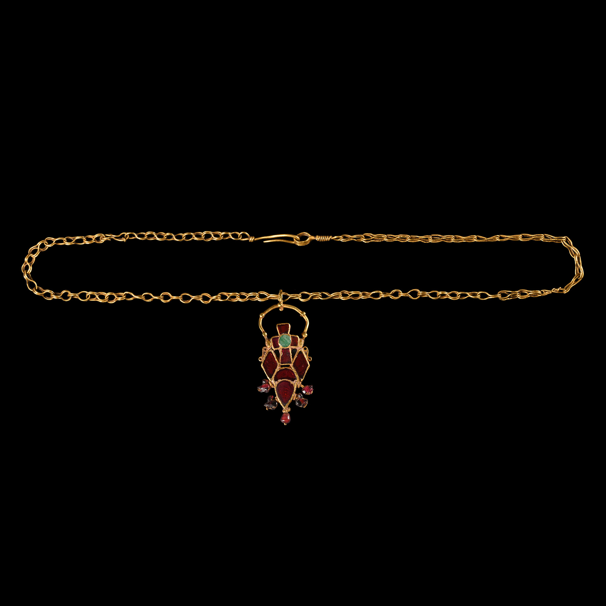 Dark Age Gold and Gemstone Pendant Cross Necklace with Dove-Shaped Garnets