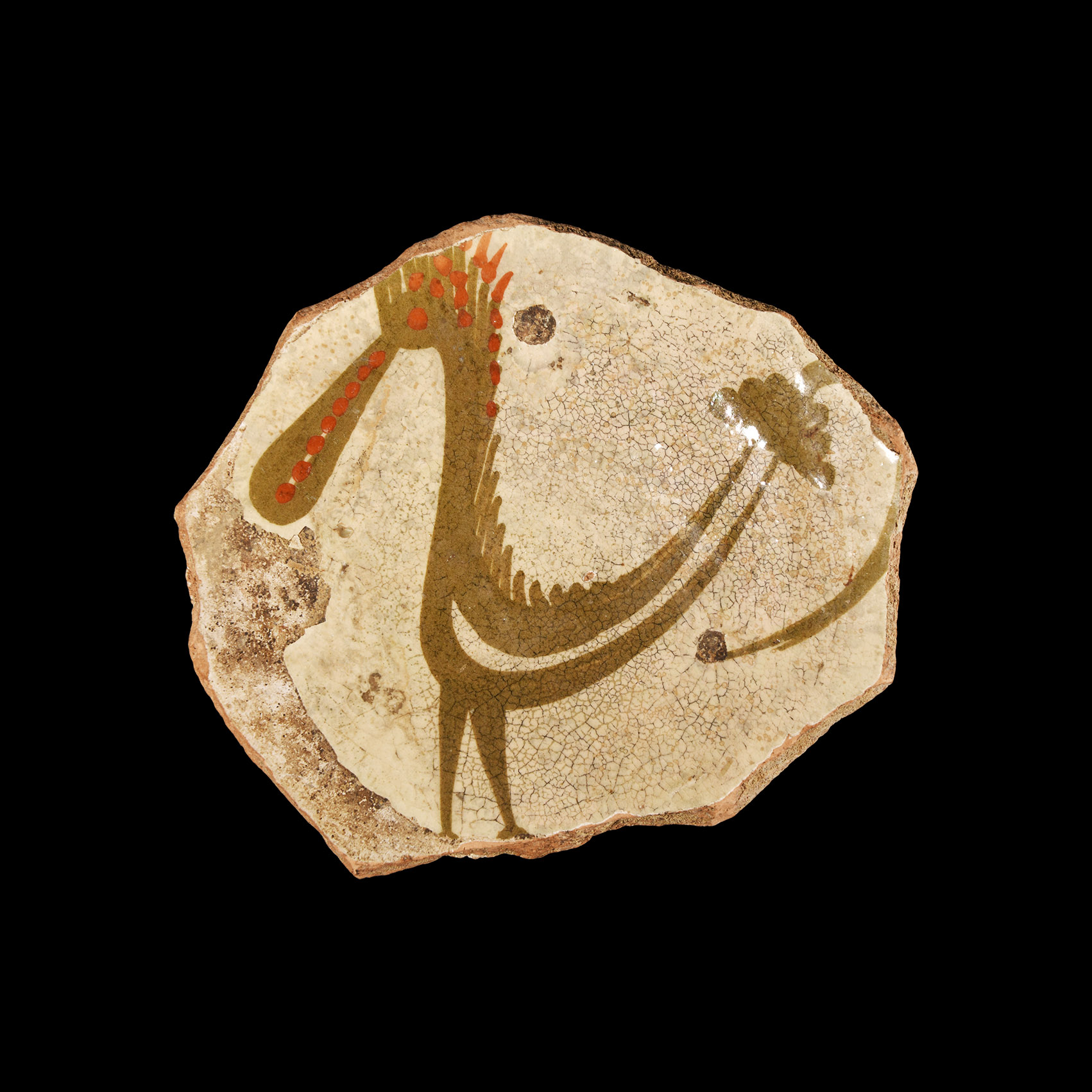 Central Asian Slip-Painted Pottery Fragment with Hoopoe