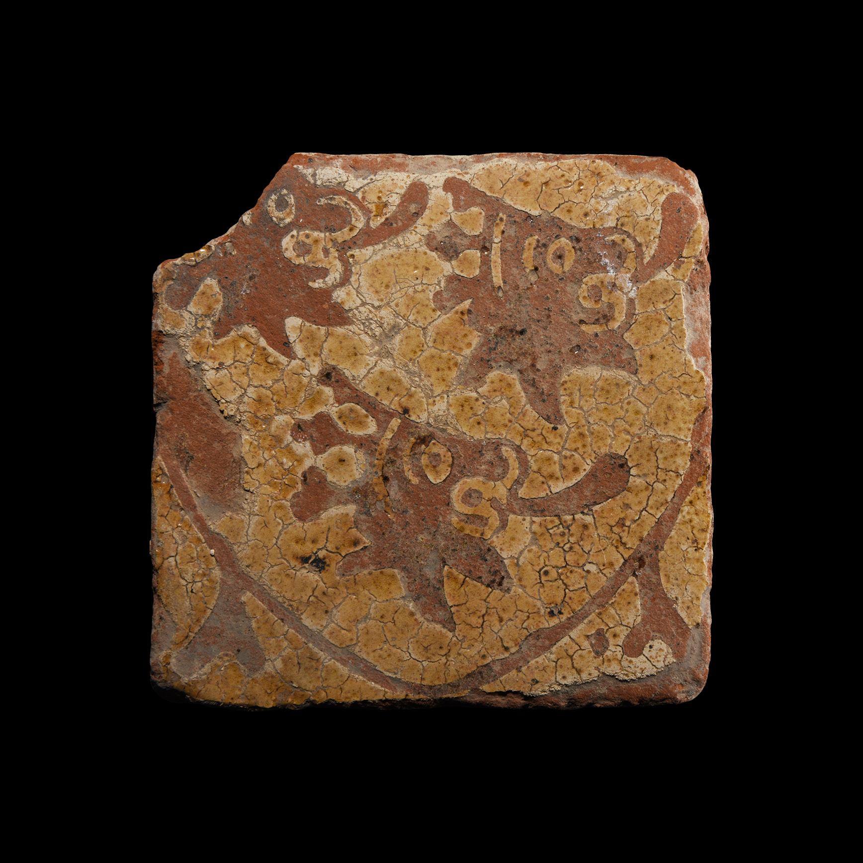 Medieval Glazed Ceramic Tile with Three Crowned Lions within Heraldic Shield