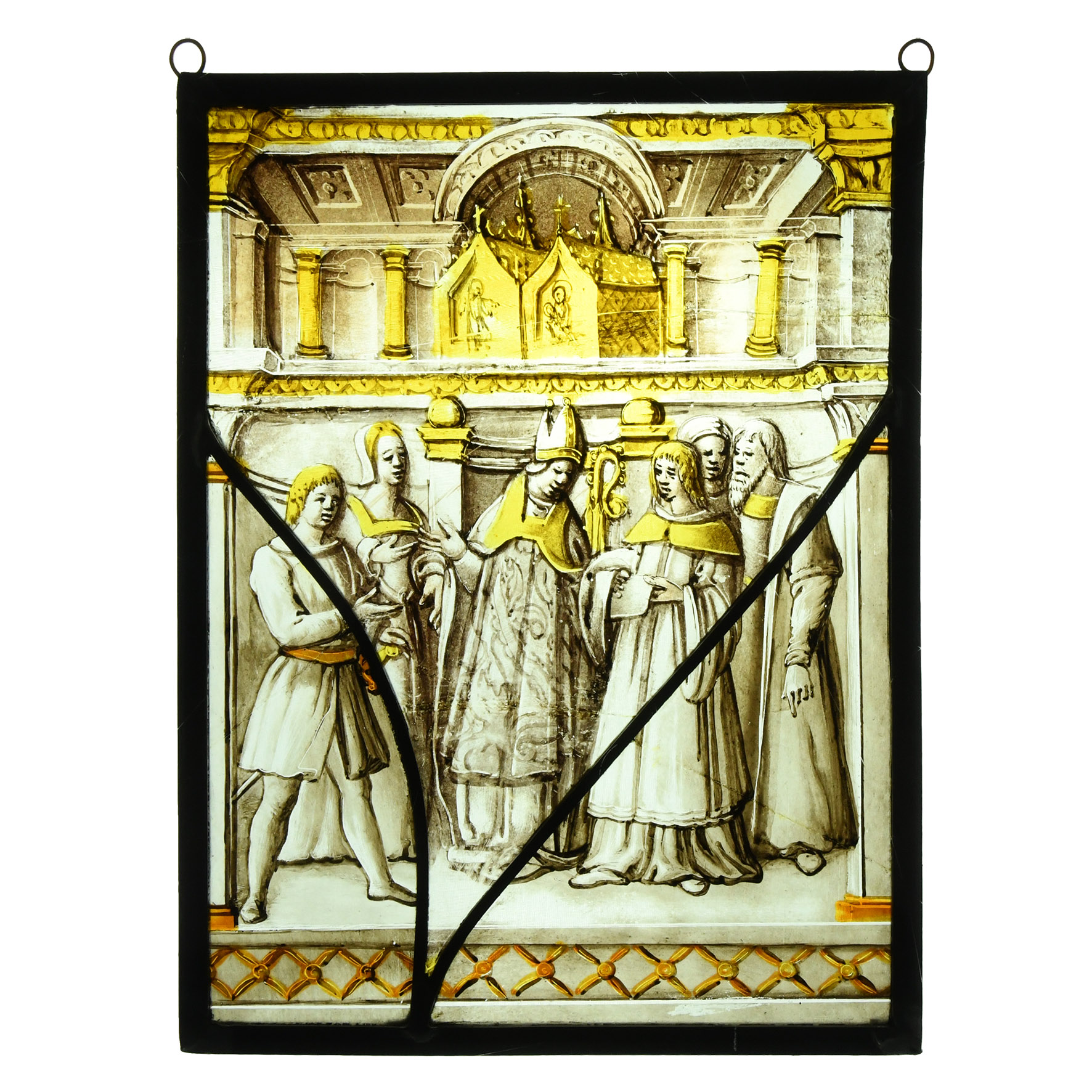 Medieval Stained Glass Panel with Bishop Hearing Disputes Beneath Gold Reliquary Caskets