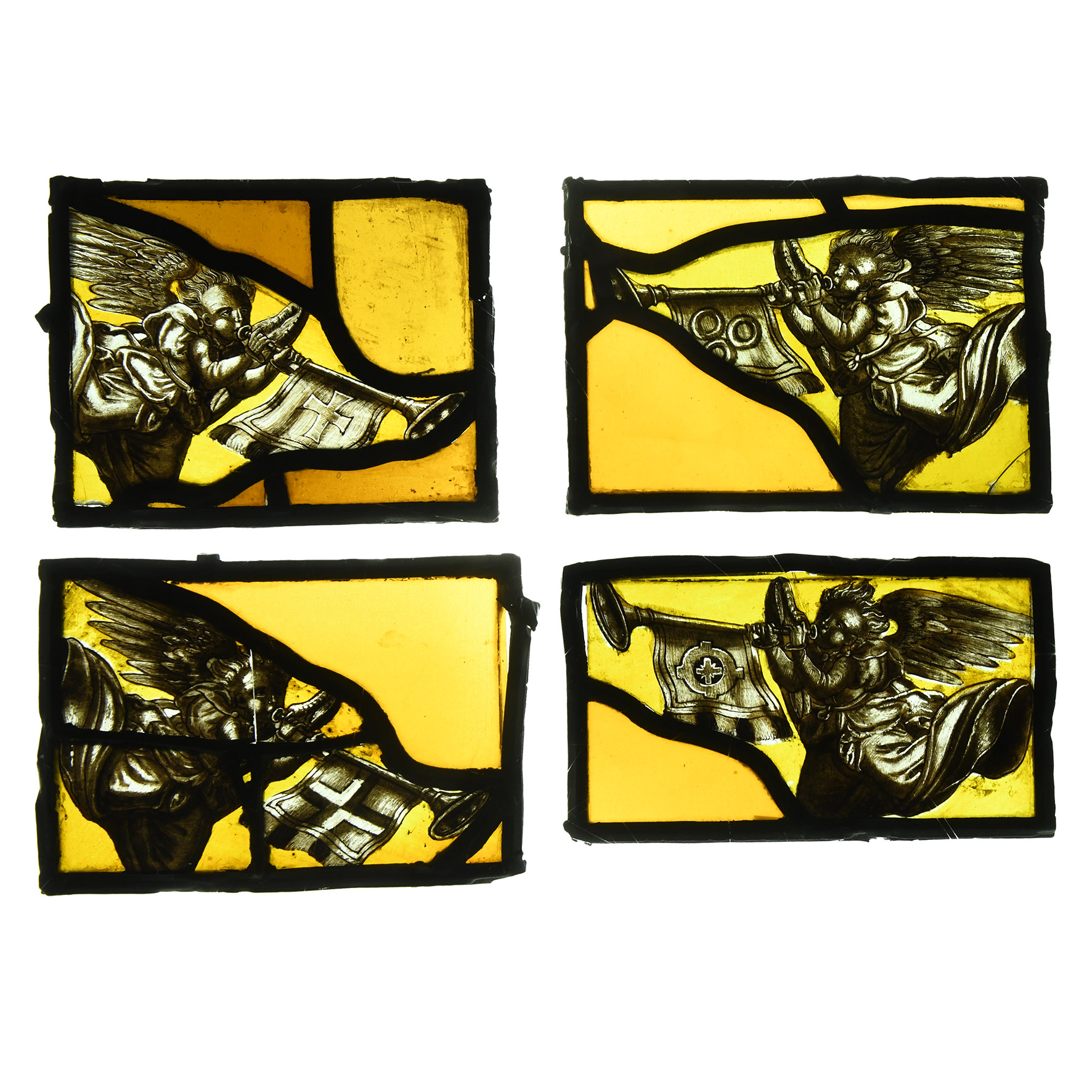 Post Medieval Stained Glass Panel Group with Trumpeting Angels