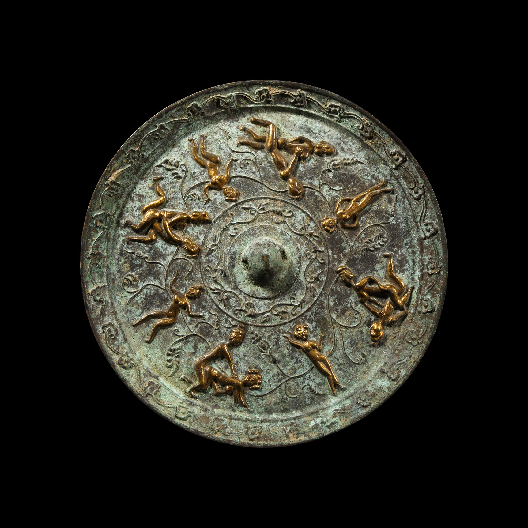 Chinese Tang Style Gilt Bronze Mirror with Erotic Scenes