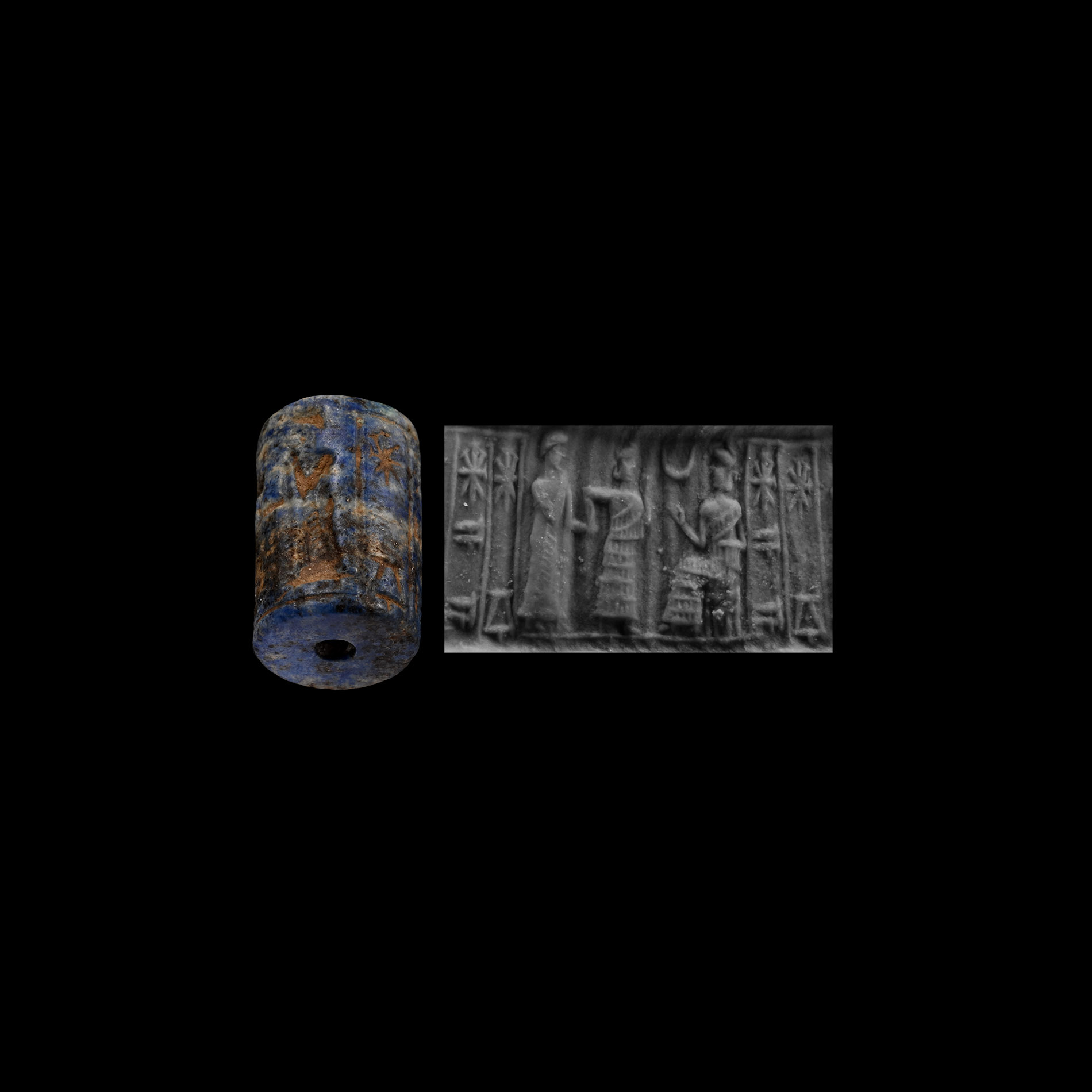 Old Babylonian Lapis Lazuli Cylinder Seal for (the god) Shamash, (and goddess) Aya