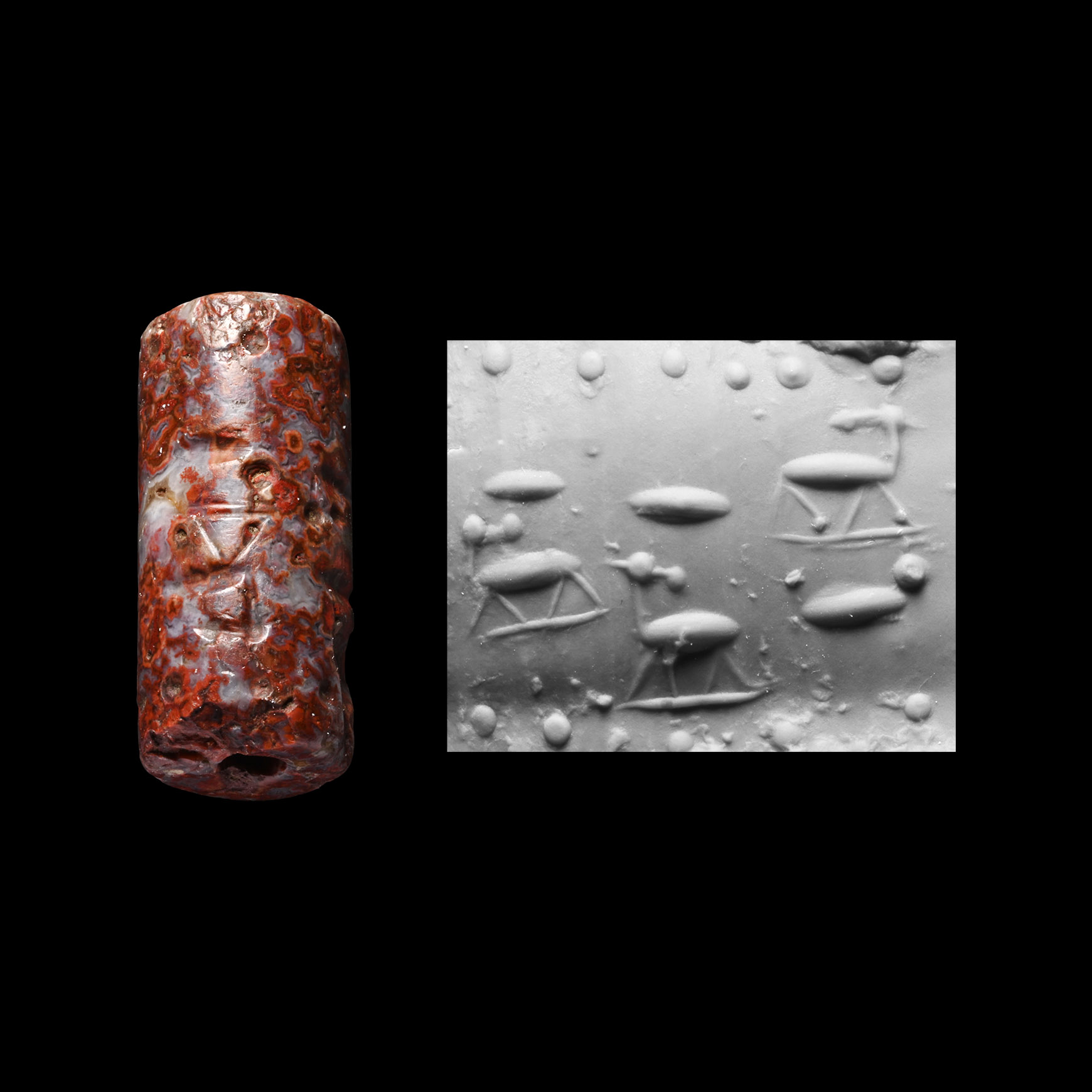 Western Asiatic Red Breccia Cylinder Seal with Animals