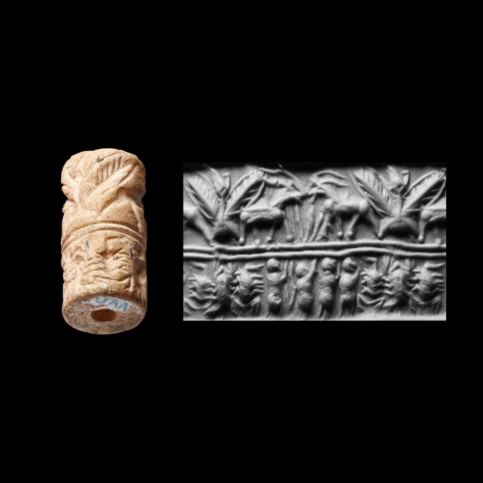 Western Asiatic Stone Cylinder Seal with Fighting Quadrupeds