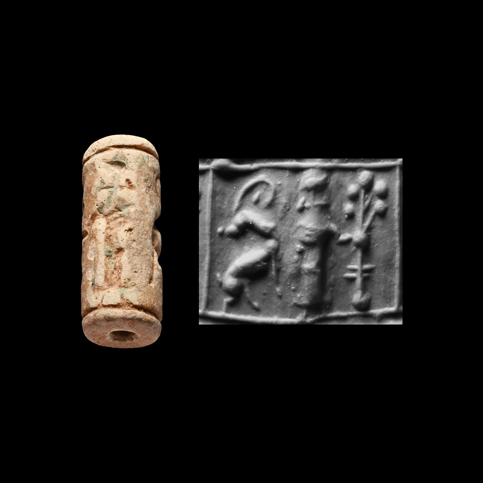 Mitanni Glazed Composition Cylinder Seal with Quadrupeds