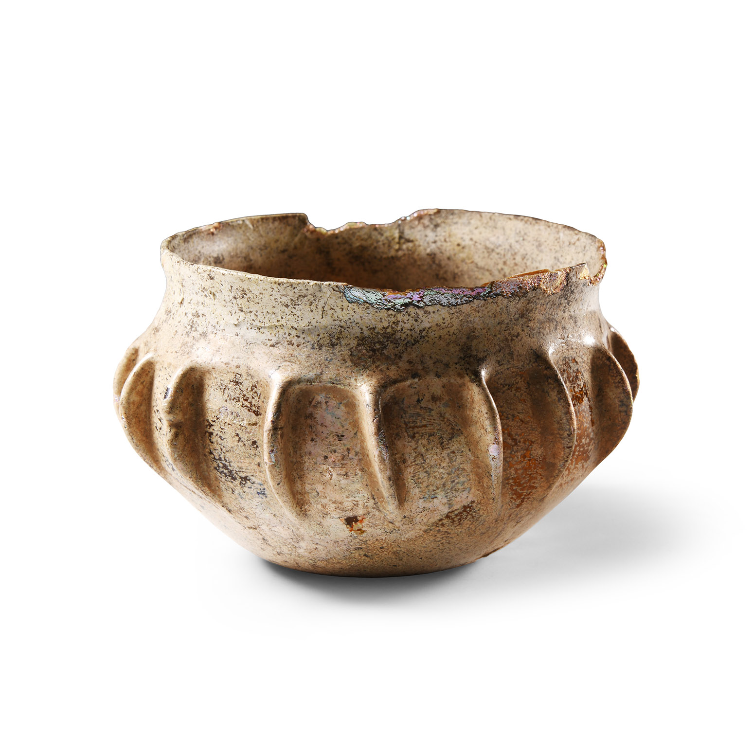 Roman Fluted Iridescent Amber Glass Cup