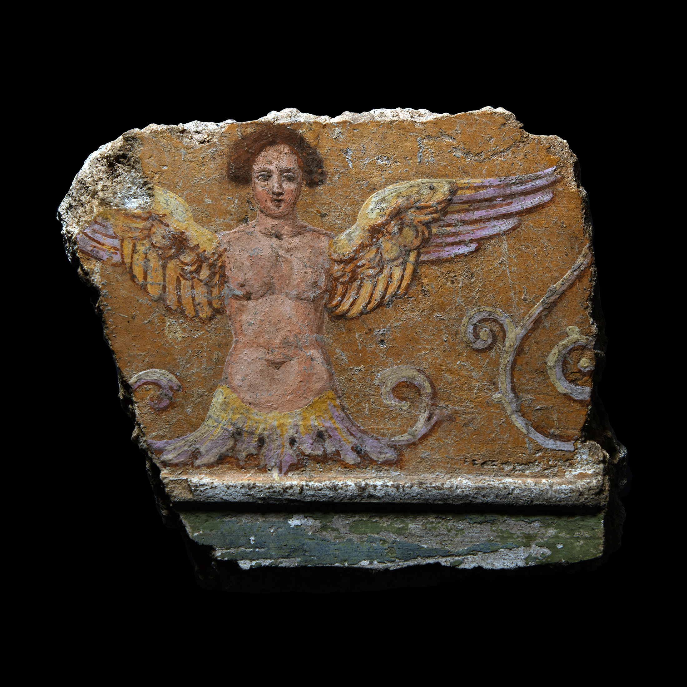 Roman Polychrome Wall Painting Fragment with Winged Siren