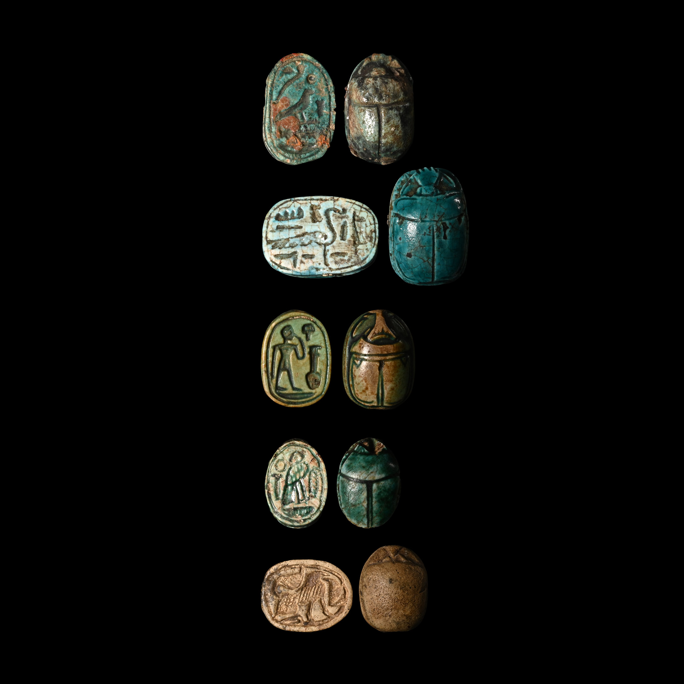 Egyptian Faience Hieroglyphic Scarab Group