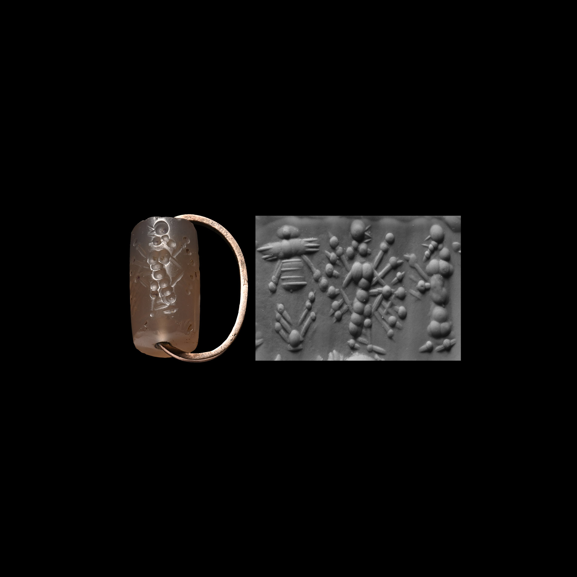 Mesopotamian Chalcedony Cylinder Seal with Figures and Gold Pendant Mount