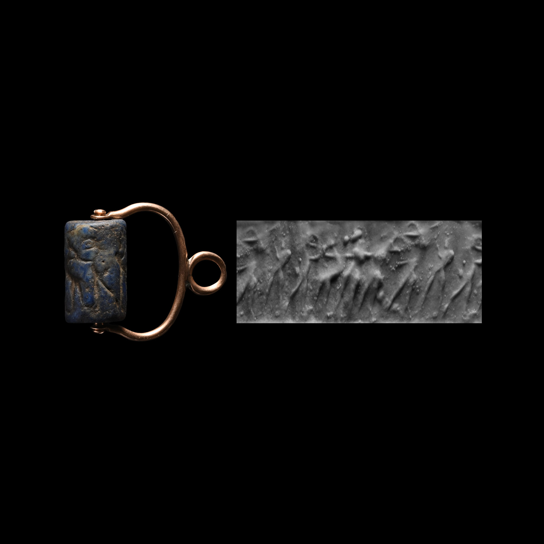 Old Babylonian Lapis Lazuli Cylinder Seal with Figures and Gold Pendant Mount