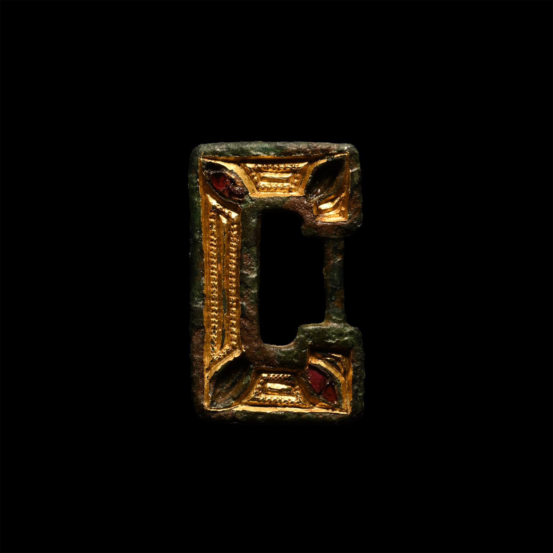 Anglo-Saxon Gilt Chip-Carved Buckle Frame with Garnets
