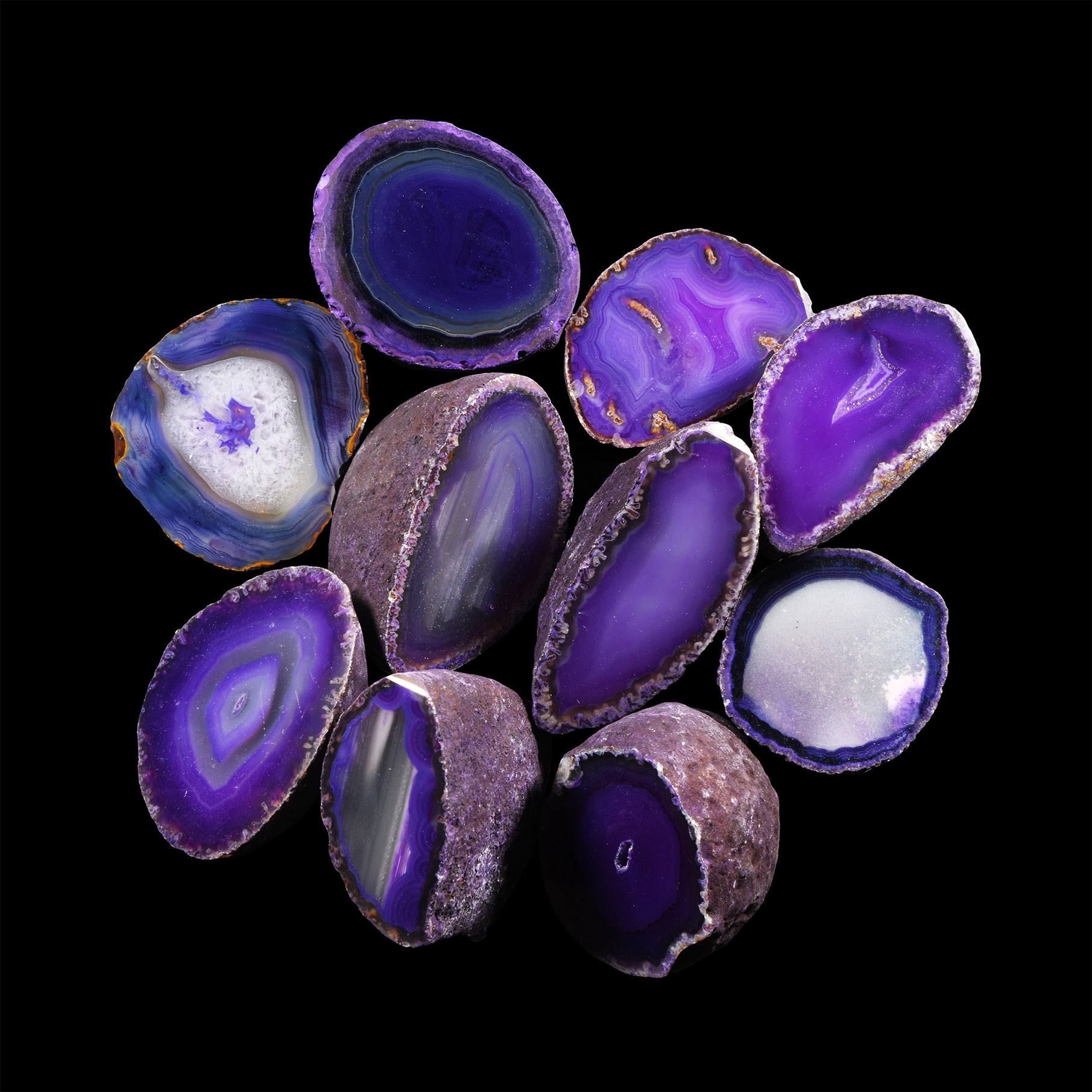Natural History - Purple Cut and Polished Agate Crystal Geode Half Group [10]