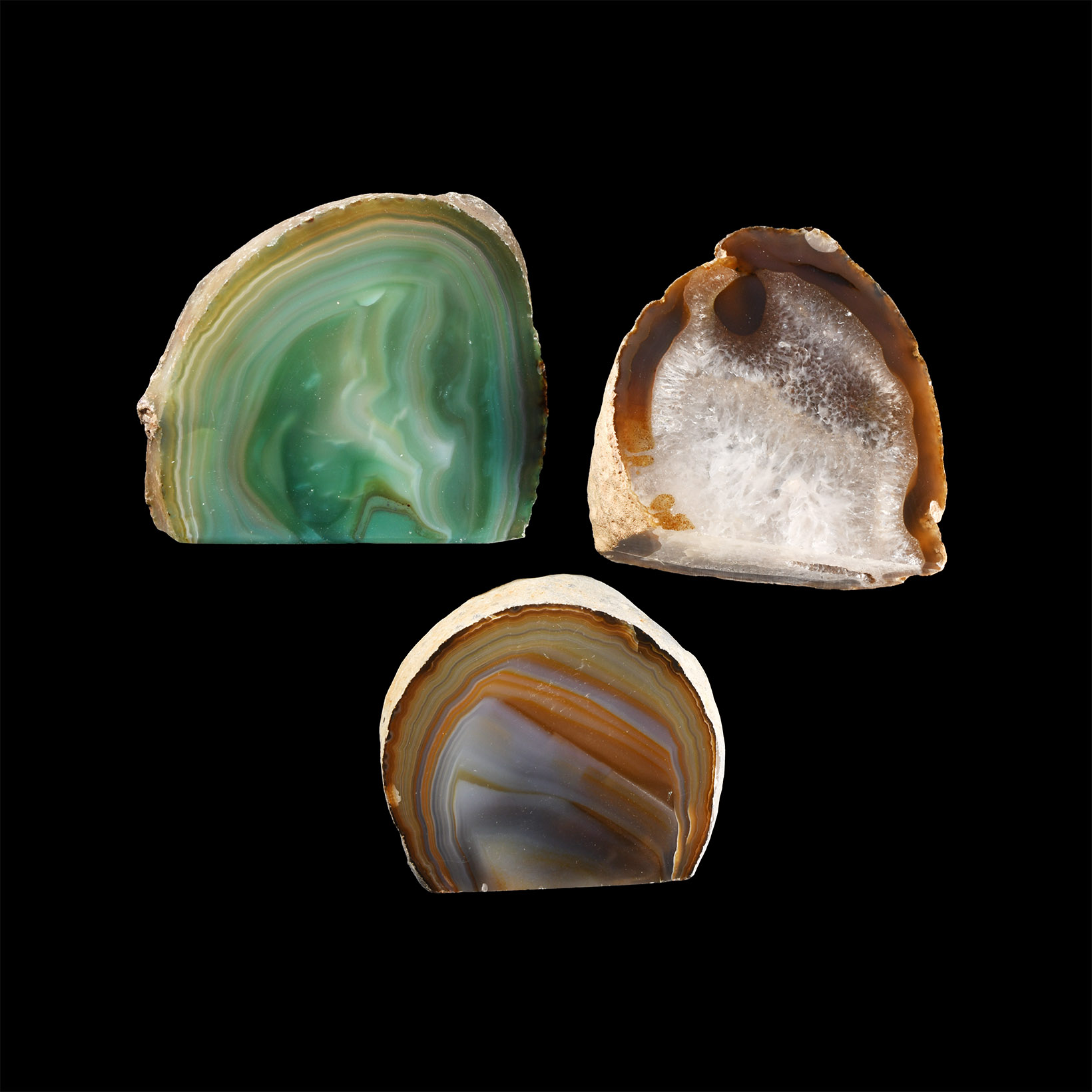 Natural History - Cut and Polished Brazil Agate Crystal Geode End and Slice Group [3]